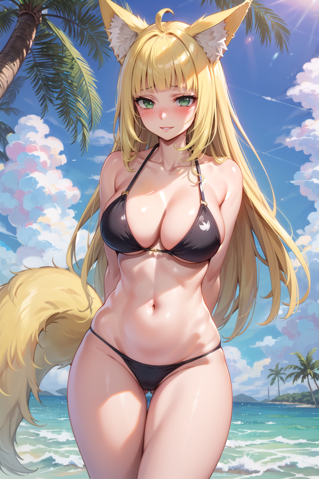 1girls ai_generated beach big_breasts bikini blonde_hair blush cleavage dungeon_ni_deai_wo_motomeru_no_wa_machigatteiru_darou_ka haruhime large_breasts long_hair sanjouno_haruhime smile swimsuit tagme