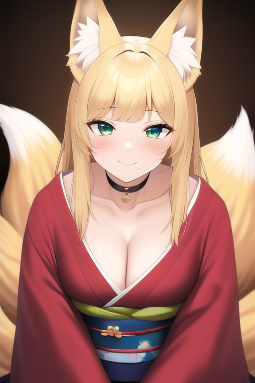 1girls ai_generated big_breasts blonde_hair cleavage dungeon_ni_deai_wo_motomeru_no_wa_machigatteiru_darou_ka fox_girl haruhime kemonomimi large_breasts long_hair solo tagme