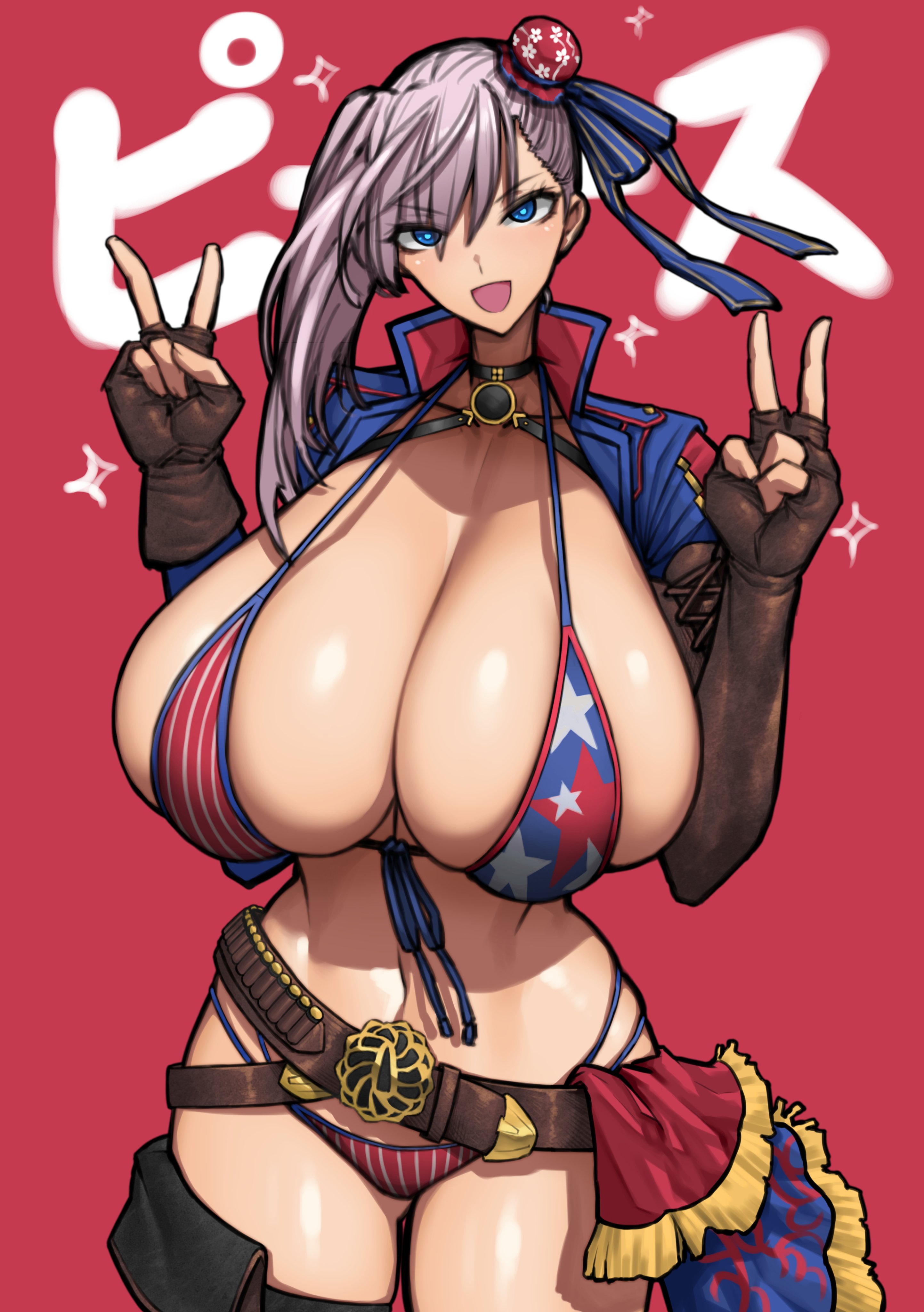1girls, american flag bikini, bikini, blue eyes, breasts, cleavage, fate (series), fate/grand order, female, huge breasts, light skin, light-skinned female, miyamoto musashi (fate), miyamoto musashi (swimsuit berserker), naughty face, pink hair, smile, thick thighs, wolffeld price