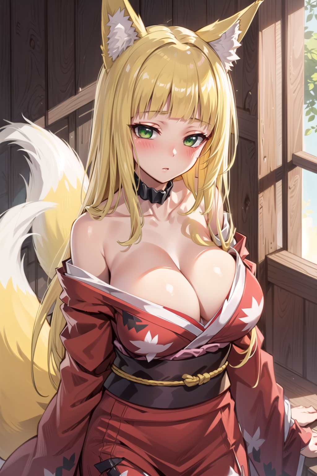 1girls ai_generated big_breasts blonde_hair dungeon_ni_deai_wo_motomeru_no_wa_machigatteiru_darou_ka fox_girl green_eyes haruhime japanese_clothes kemonomimi kimono large_breasts sanjouno_haruhime smile solo tagme