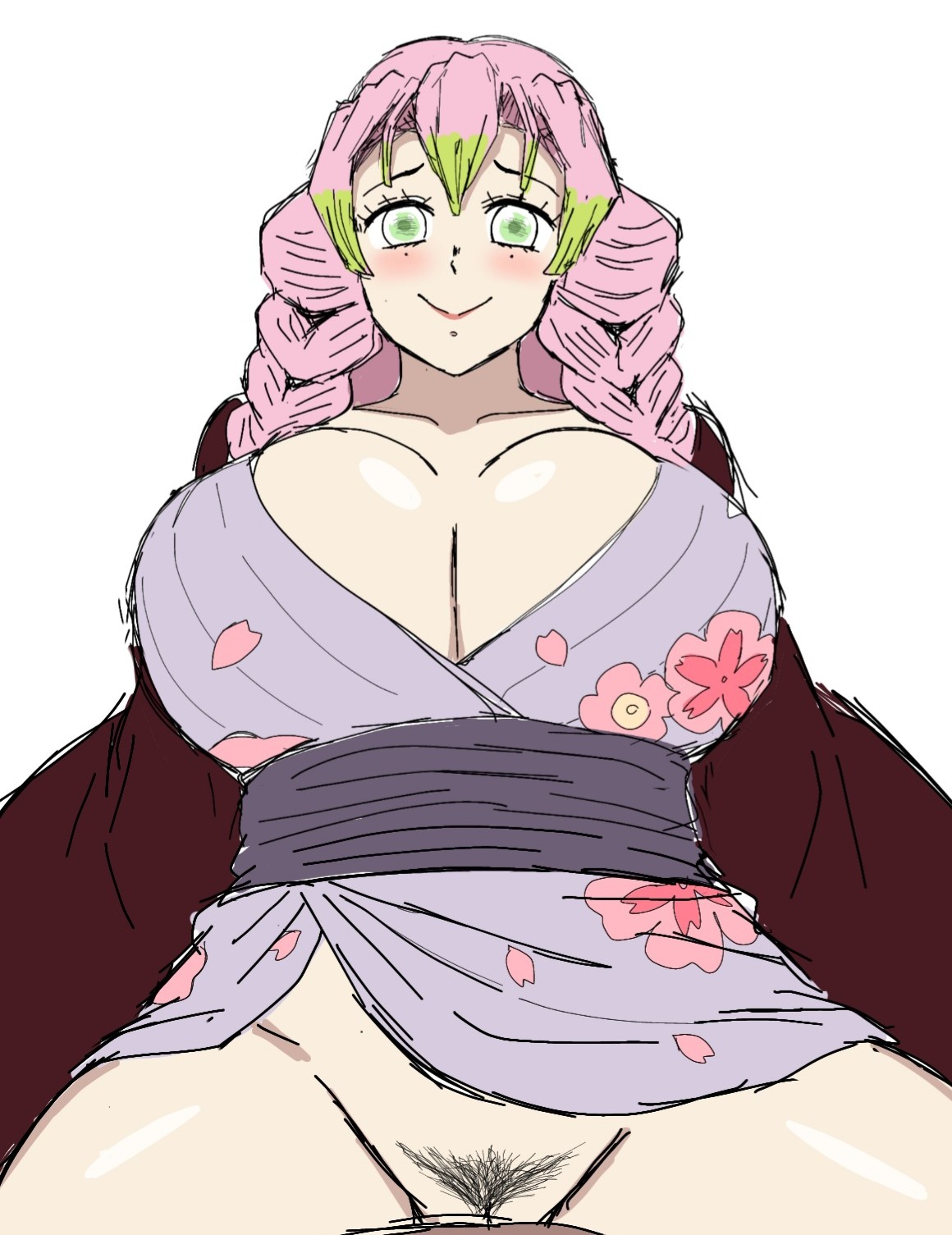 1girls, big breasts, breasts, cleavage, demon slayer, female, hairy pussy, huge breasts, implied sex, kanroji mitsuri, kimetsu no yaiba, momiji (artist), pink hair, pink-haired female, pussy, shounen jump