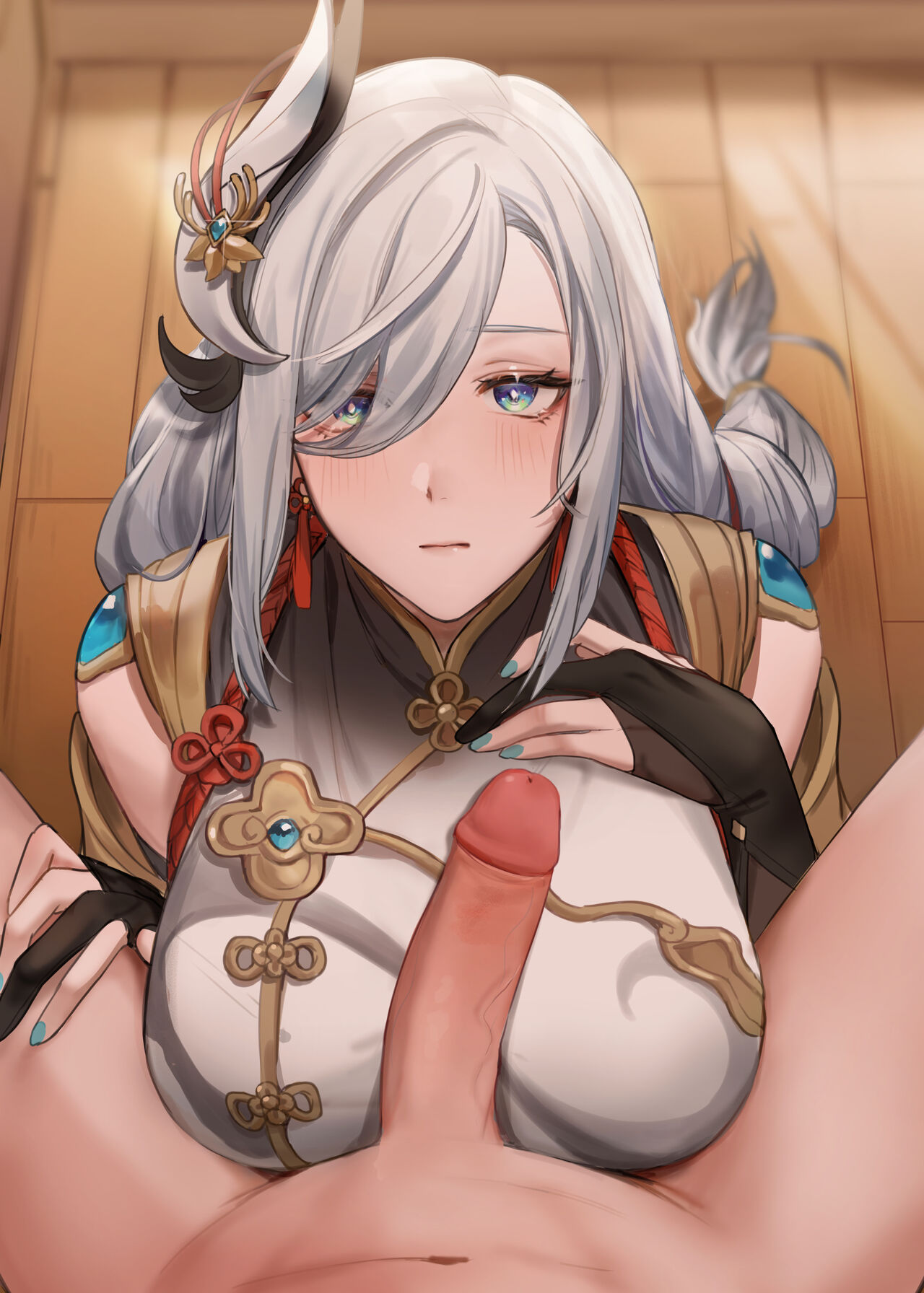 1boy, 1girls, aether (genshin impact), big breasts, blue eyes, blush, breasts, clothed female nude male, female, fingerless gloves, genshin impact, gloves, hair ornament, indoors, light skin, light-skinned female, light-skinned male, looking at viewer, male, male pov, male/female, muunai, penis, pov, shenhe (genshin impact), tagme, white hair