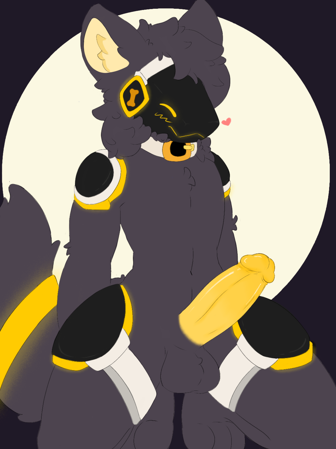 1boy, anthro, chixtal, collar, erect penis, erection, fluffy, fluffy tail, fur, furry, furry ears, furry only, genitals, grey fur, male, male focus, male only, naked, no pants, nude, penis, presenting, protogen, protogen visor, simple background, solo, visor, yellow eyes, yellow penis