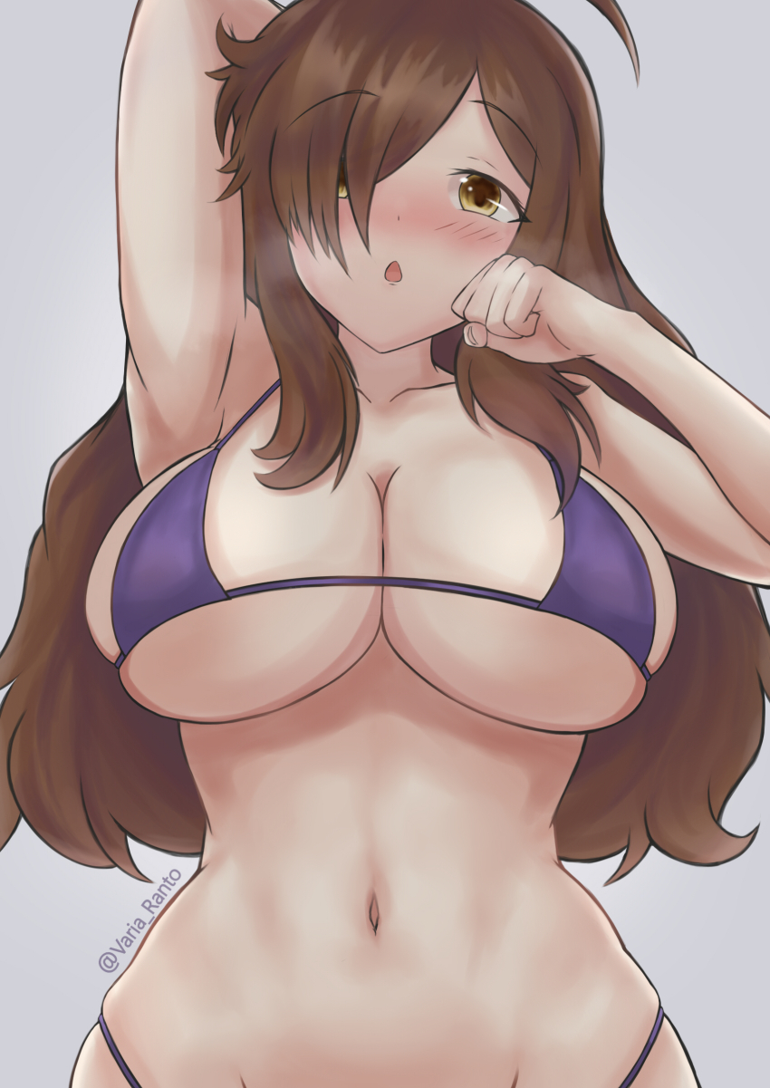 arm up, armpits, bare shoulders, bikini, blush, breasts, brown hair, collarbone, cowboy shot, female, grey background, hair over one eye, highres, kono subarashii sekai ni shukufuku wo!, large breasts, long hair, looking at viewer, navel, open mouth, purple bikini, simple background, skindentation, solo, standing, swimsuit, varia ranto, wiz (konosuba), yellow eyes