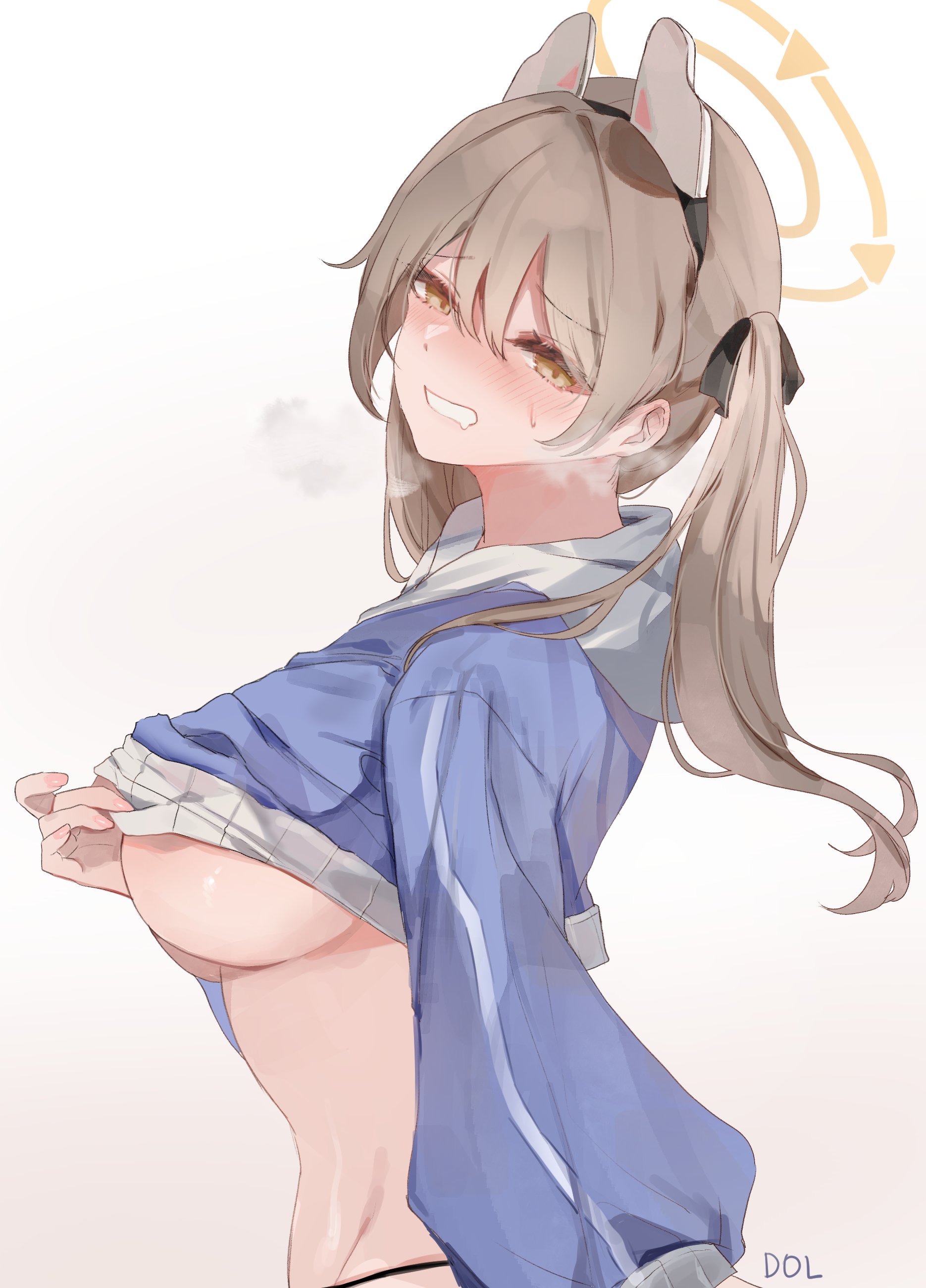 blue archive, blush, breasts, drooling, female, heavy breathing, large breasts, moe (blue archive), panties, rabbit squad (blue archive), srt special academy student, sweater lift, underboob