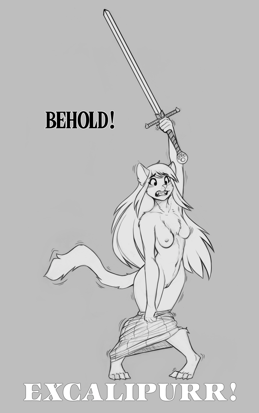 anthro breasts digitigrade domestic_cat felid feline felis female gender_transformation genitals hair hi_res kilt long_hair mammal melee_weapon monochrome mtf_transformation nipples nude pussy skirt_down solo surprise sword tharkis transformation watsup weapon wide_hips