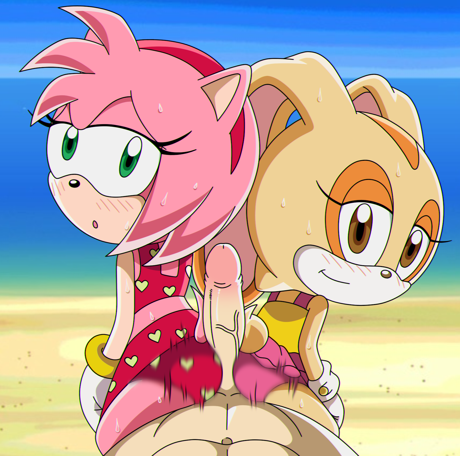 1boy, 2girls, age difference, alternate version available, amy rose, ass, assjob, beach, bikini, blush, blush lines, buttjob, clothed, cream the rabbit, cub, cum, cum on back, double buttjob, eyelashes, female, furry, green eyes, hedgehog, human, human on anthro, interspecies, looking at viewer, male, one-piece swimsuit, pink body, pov, pov eye contact, rabbit, rabbit ears, rabbit humanoid, sonic (series), sonic the hedgehog (series), sonic x, swimsuit, yellow body, young
