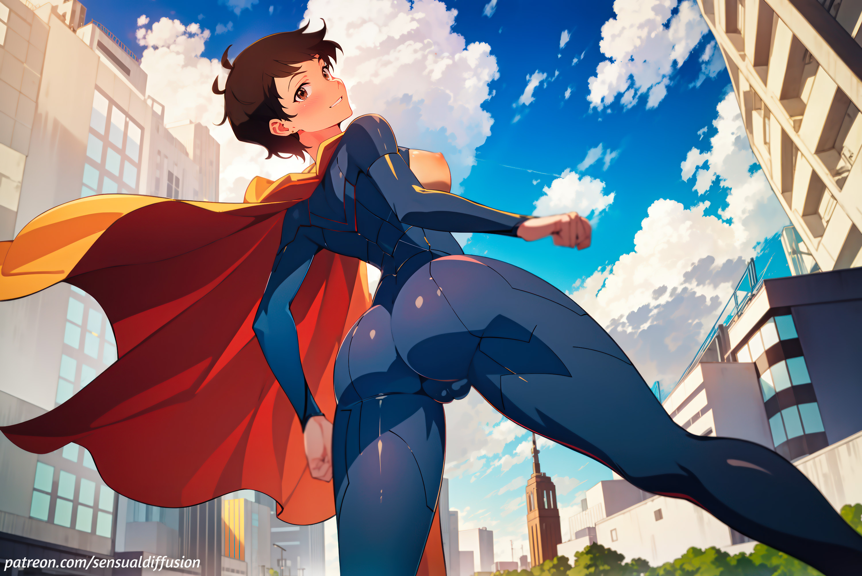 1girls, 2d, ai generated, ass, ass focus, black hair, blush, bodysuit, breasts, breasts out, brown eyes, brown skin, building, cameltoe, cape, city, clouds, costume, cute, dark skin, dark-skinned female, dc, dc comics, fanart, female, flying, from behind, from below, large breasts, latex, lois lane, lois lane (my adventures with superman), looking at viewer, my adventures with superman, naked, nipples, nude, parted lips, pinup, pose, pussy, shiny, shiny skin, short hair, sky, smile, solo, stable diffusion, suit, supergirl, superheroine, superman (series), superwoman, talking to viewer, tight clothing, tomboy, unbuttoned, wind