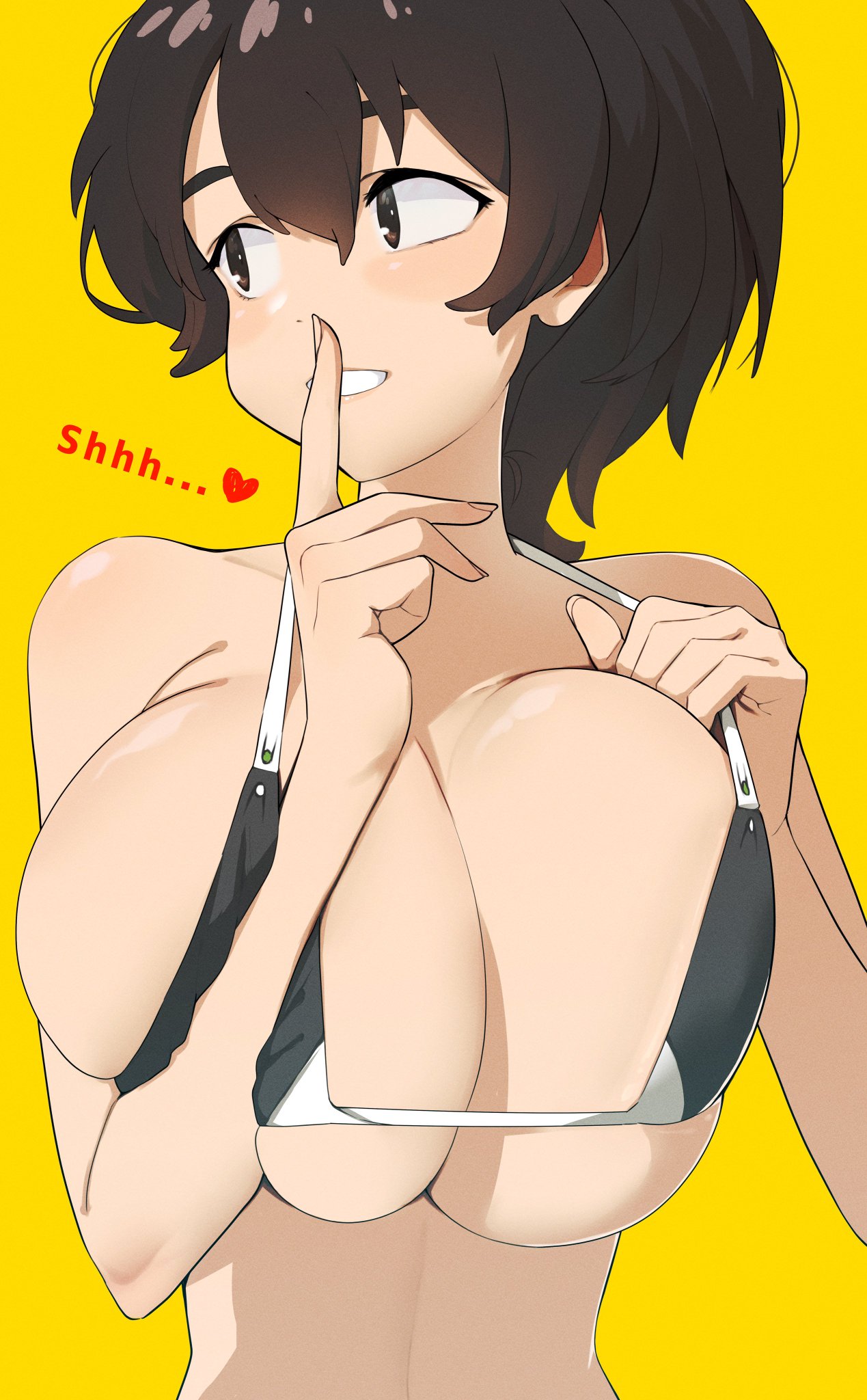 bikini girls_und_panzer huge_breasts koyama_yuzu shh silence_gesture silencing squeezing_breast upper_body