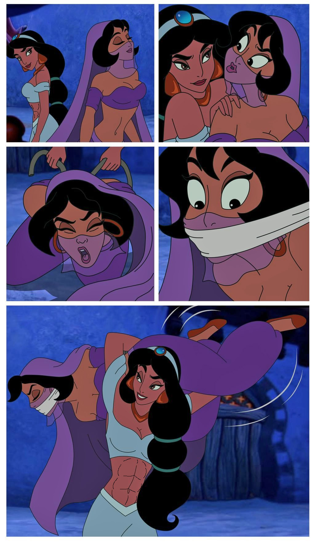 2girls aladdin athletic_female black_hair bondage bound closed_eyes comic disney disney_princess female_abs fit_female gag harem_girl harem_girls_(aladdin) kidnapping open_mouth princess_jasmine serisabibi