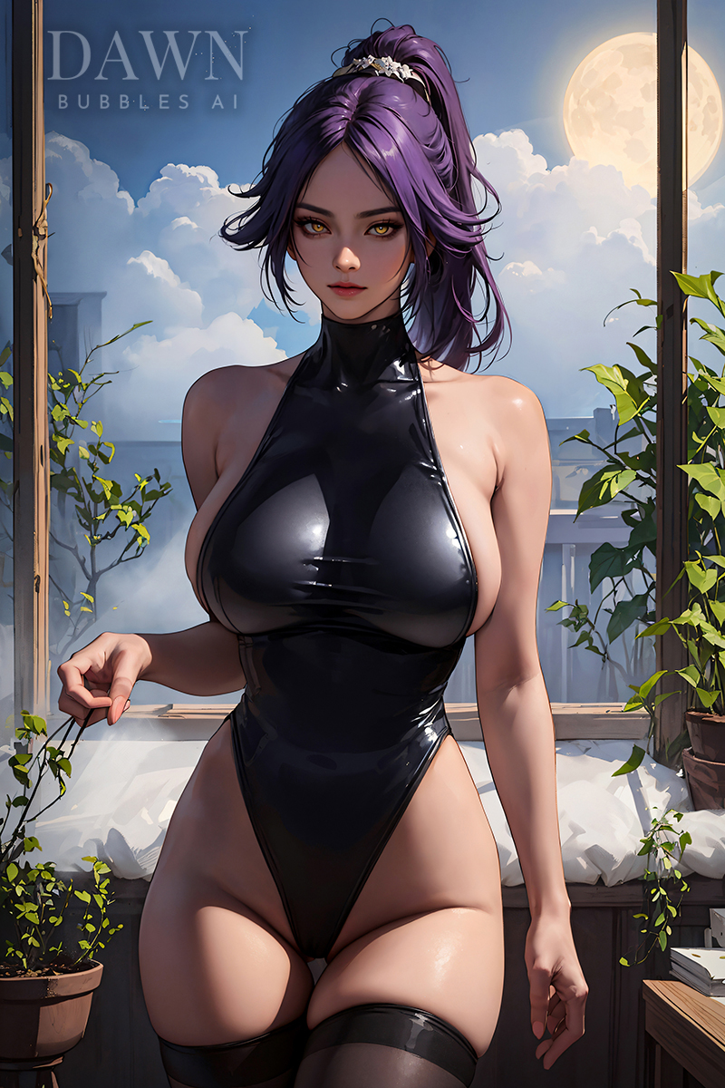 ai generated, big breasts, bleach, blue hair, bodysuit, breasts, female, large breasts, latex, light skin, light-skinned female, ponytail, purple hair, shihouin yoruichi, shounen jump, thighhighs, tight clothing