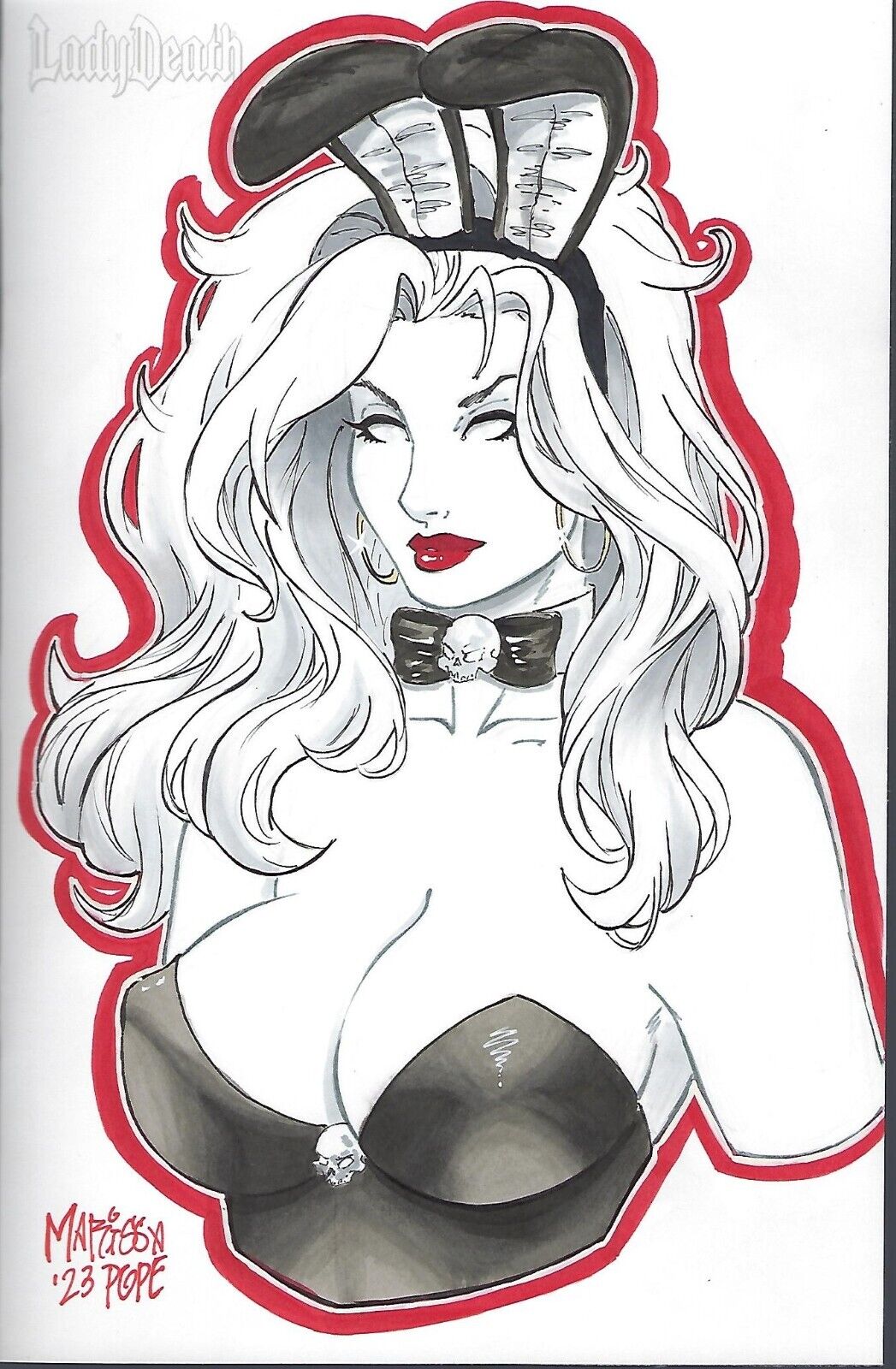 1girls absurd_res artist_request bunny_ears bunny_girl bunnysuit chaos_comics coffin_comics curvy_body curvy_female death_(personification) grim_reaper hi_res lady_death long_hair looking_at_viewer queen_of_the_dead solo_female solo_focus white_body white_hair