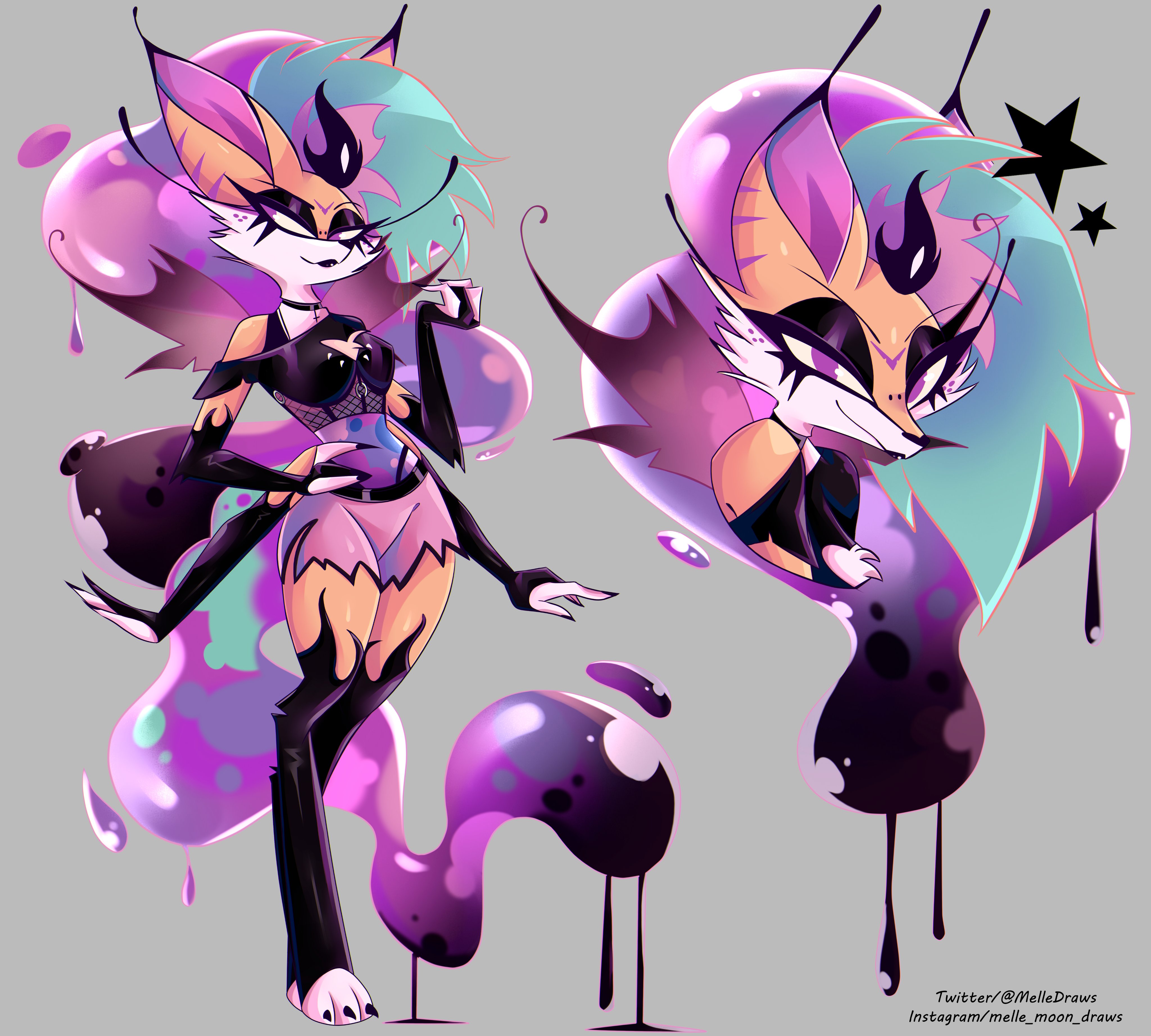 4 arms, arthropod, bee girl, big breasts, breasts, dripping, eyeshadow, female, fishnets, fox, fox girl, goth, helluva boss, liquid, melledraws, multi arm, multi limb, queen bee-lzebub (helluva boss), ripped clothing, tail, thick thighs, wide hips