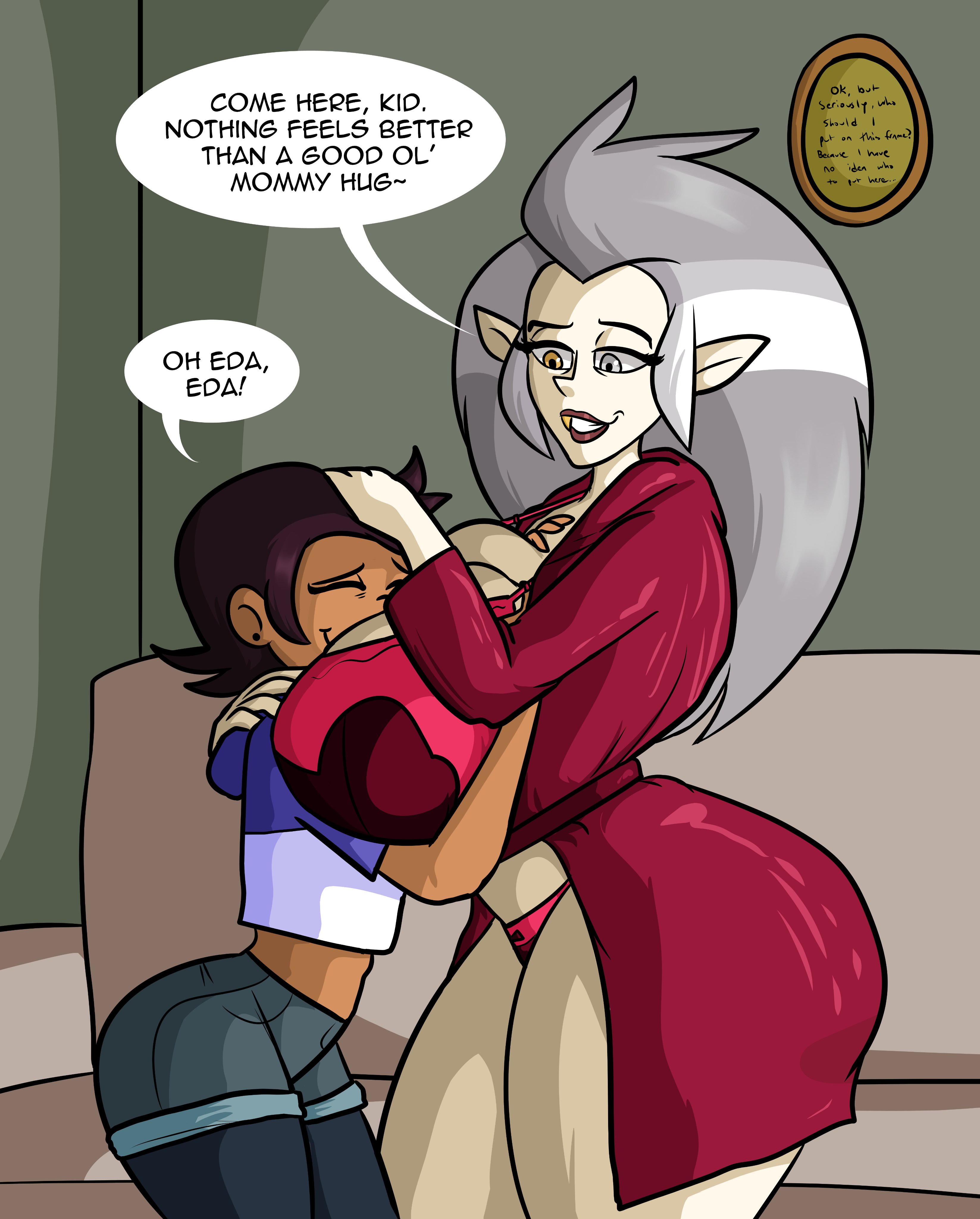 2girls, age difference, alternate version available, bbw mom, big breasts, breast smother, breasts, breasts bigger than head, dark skin, dark-skinned female, dialogue, disney, eda clawthorne, english text, female, huge breasts, hugging, human, light skin, light-skinned female, lingerie, luz noceda, mature female, max1mus, multiple females, multiple girls, pointy ears, silver hair, speech bubble, the owl house, voluptuous, voluptuous female, witch (the owl house)