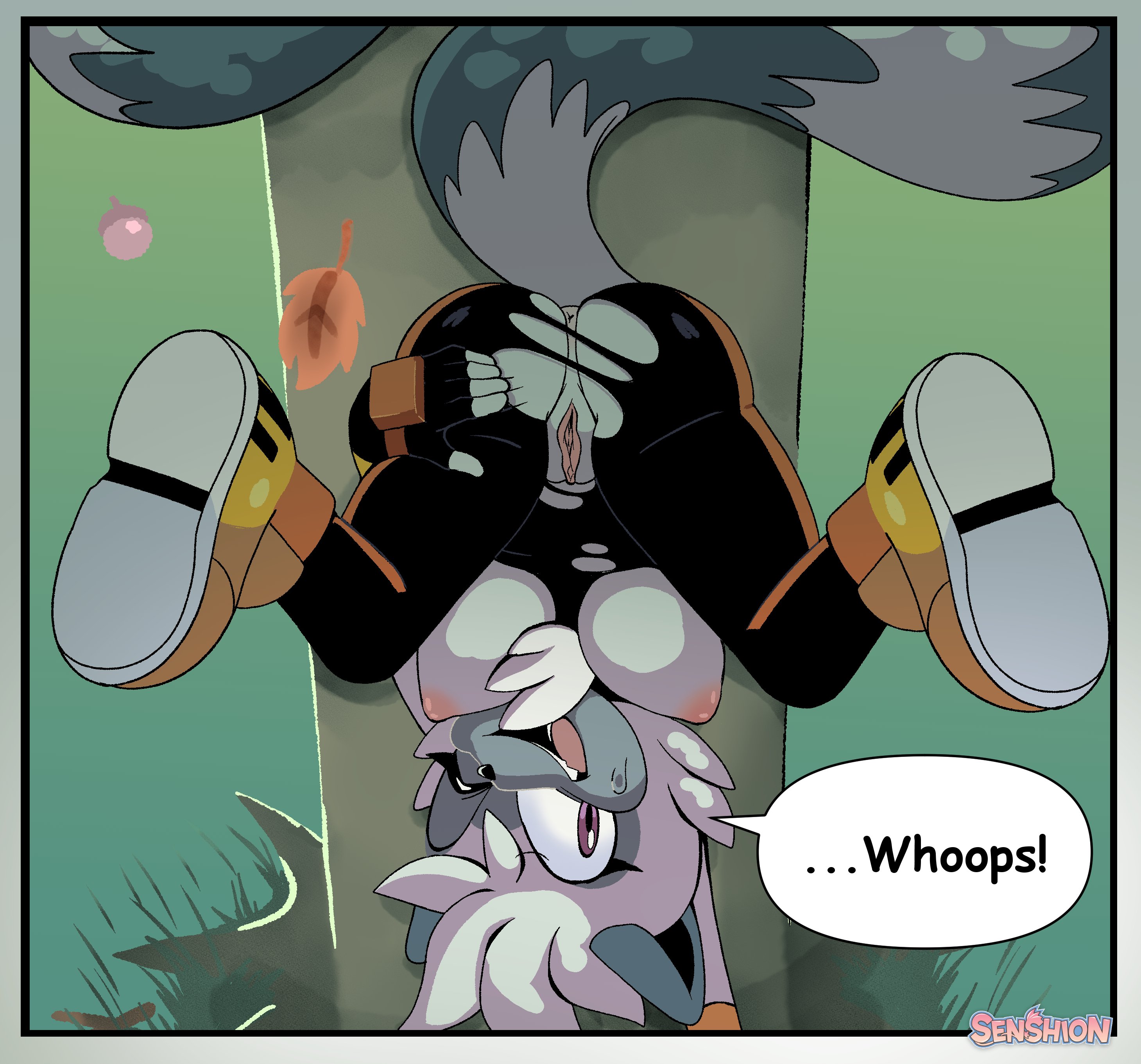 !, ..., 1girls, anthro, anus, ass, breasts, clothed, clothing, dialogue, eyelashes, female, female only, fur, furry, idw publishing, lemur, nipples, nude, outdoors, outside, pussy, ripped clothing, sega, senshion, solo, sonic (series), sonic the hedgehog (comics), sonic the hedgehog (idw), sonic the hedgehog (series), speech bubble, sweat, tail, tangle the lemur, text, text box, text bubble, tree, url, vagina