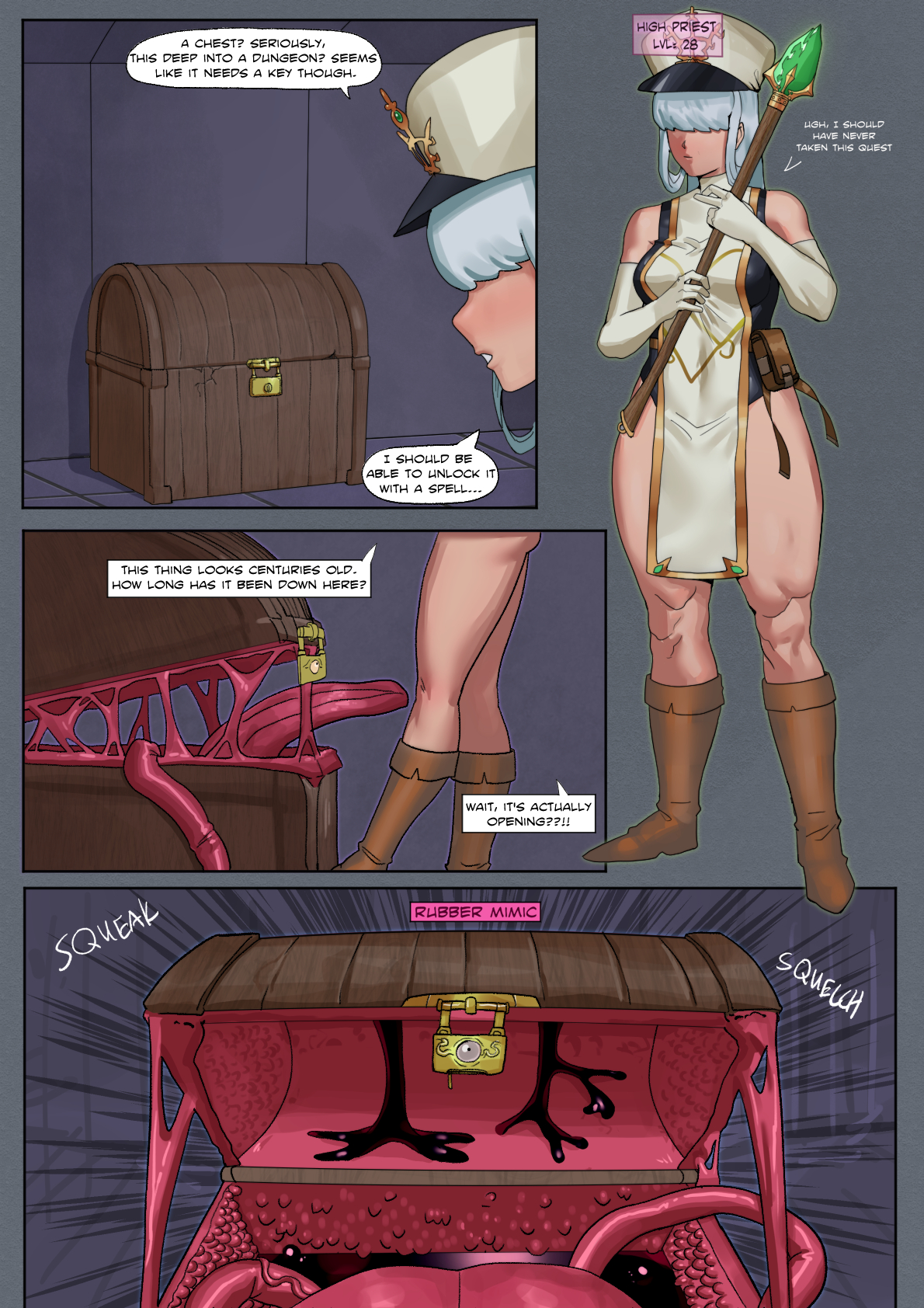 breasts, comic, crabhorn, english text, female, mimic, mimic chest, priestess, text, thick thighs, wide hips