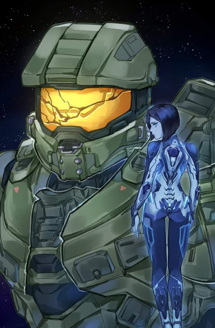 1boy 1boy1girl 1girls armor ass blue_eyes blue_hair butt cortana female halo_(series) halo_5 helmet hips looking_at_viewer looking_back master_chief medium_hair seeiz