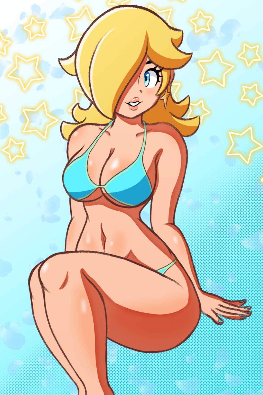 1girls 2020s 2023 big_breasts bikini blonde_hair blue_bikini blue_eyes blue_nails breasts earrings female female_only hair_over_one_eye long_hair mario_(series) nail_polish nintendo open_smile princess_rosalina solo star_earrings witch_lazuli