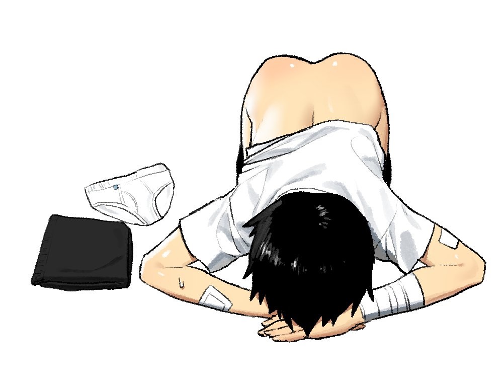 ass ass_focus bandages bare_ass big_buttocks black_hair black_shorts bottomless bubble_butt cute_ass dogeza exposed_ass femboy huge_ass large_ass lee_hoon parkgee seductive_body shirt shorts suicide_boy teenage teenage_boy underwear white_shirt white_underwear