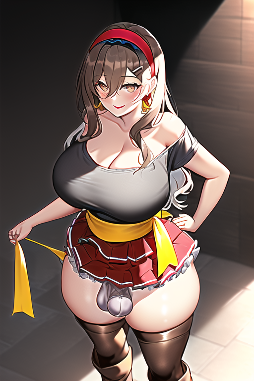 1futa 1girls ai_generated ball_bulge balls balls_in_panties balls_outline balls_under_clothes ballsack bare_shoulders big_balls big_breasts black_thighhighs blush breasts brown_eyes brown_hair bulge cleavage curvy female frilled_skirt frills futanari hair_between_eyes hairband hand_on_hip huge_breasts large_balls layered_skirt looking_at_viewer microskirt nuts off-shoulder_shirt off_shoulder panties red_hairband red_skirt sash shirt skirt smile solo testicle_bulge testicles thick_thighs thighhighs thighs underwear white_panties wide_hips zettai_ryouiki