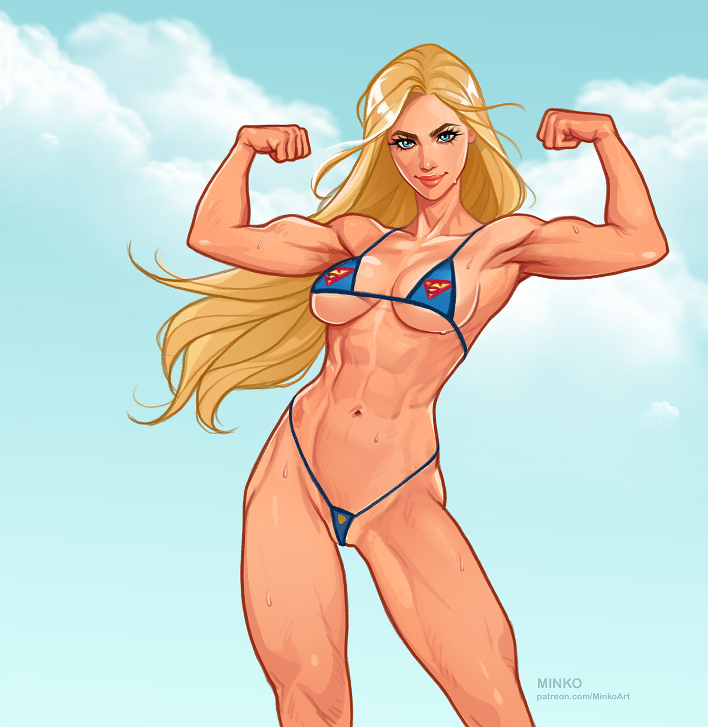 1girls, absurd res, blonde hair, blue eyes, breasts, curvaceous, curvy body, curvy female, dc, dc comics, female, female focus, female only, flexing bicep, hi res, huge breasts, kara zor-el, kryptonian, looking at viewer, minko, muscular, muscular female, olena minko, seductive look, supergirl, supergirl (series), superman (series), voluptuous female
