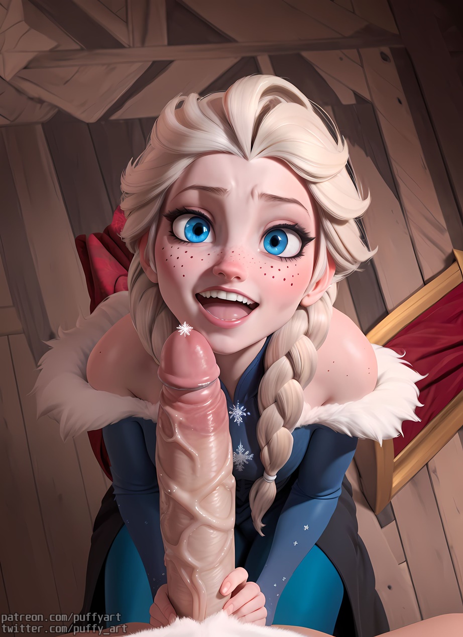 1boy, 1girls, ai generated, big penis, blonde hair, blue eyes, clothing, disney, disney princess, dress, elsa (frozen), female, frozen (film), huge cock, male, on knees, open mouth, penis, puffyart, small breasts, uncensored, veiny penis, white hair