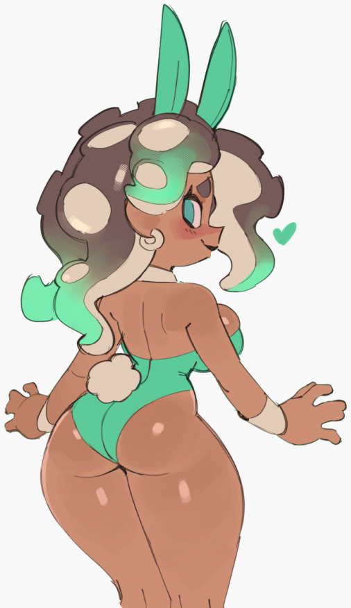 ass ass_view breasts bunny_ears bunny_tail bunnysuit dark-skinned_female detached_collar female female_focus female_only green_clothing green_eyes green_hair heart leotard marina_(splatoon) nintendo splatoon splatoon_2 tentacle_hair thighs wamudraws wrist_cuffs