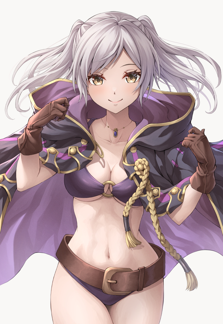 1girls alternate_costume belt bikini breasts brown_belt brown_gloves cleavage cloak closed_mouth female female_only fire_emblem fire_emblem_awakening fire_emblem_heroes floating_hair gloves hood hood_down hooded_cloak navel nintendo o-ring o-ring_bikini official_alternate_costume purple_bikini purple_swimsuit robin_(fire_emblem) robin_(fire_emblem)_(female) simple_background smile solo stomach swimsuit ten_(tenchan_man) twintails underboob white_background white_hair yellow_eyes