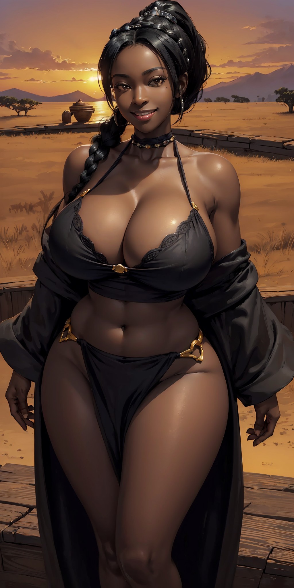 1girls, ai generated, black hair, black skin, bracelet, breasts, choker, cleavage, completely nude, curvy, curvy female, curvy figure, dark skin, earrings, female, gigantic breasts, grass, looking at viewer, necklace, nude, original, original character, outdoors, photorealistic, ponytail, rashida okiro, realistic, robe, robes, savanna, seductive look, smile, solo, stable diffusion, sunset, tagme, thick thighs, trees, wide hips, yodayo