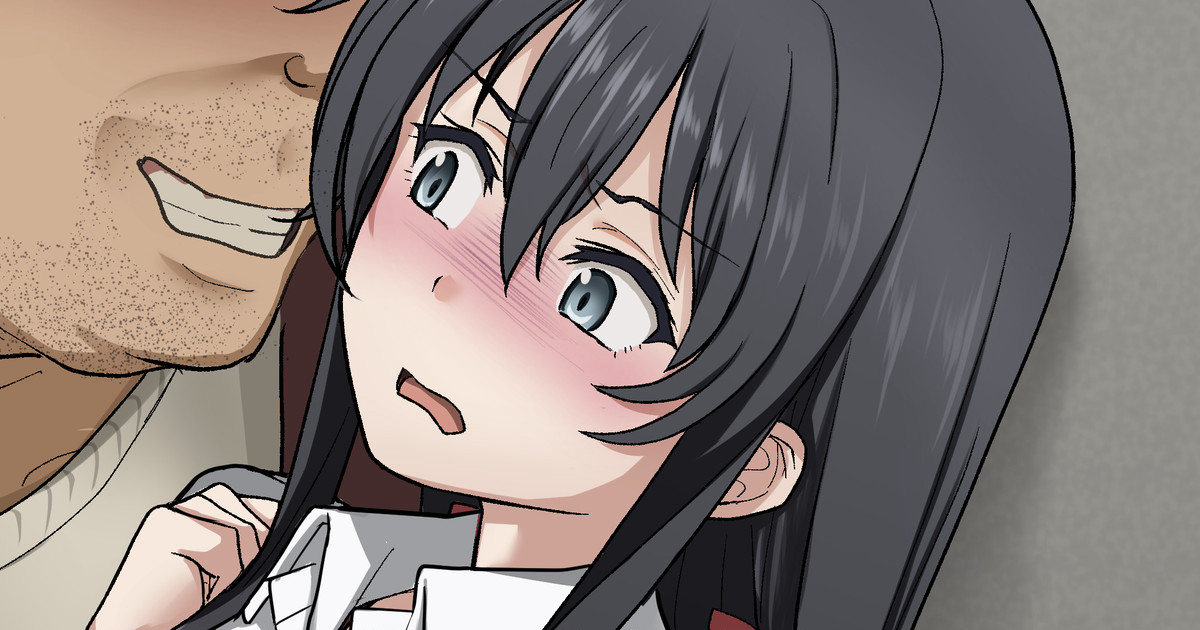 1boy, 1girls, adult, adult and teenager, age difference, black hair, blush, dark skin, dark-skinned male, female, imminent rape, imminent sex, male, my teen romantic comedy snafu, old male, older male, older male and younger female, scared expression, schoolgirl, shaved head, smiling at partner, tatsukiti, teenage female, teenager, ugly bastard, yukinoshita yukino