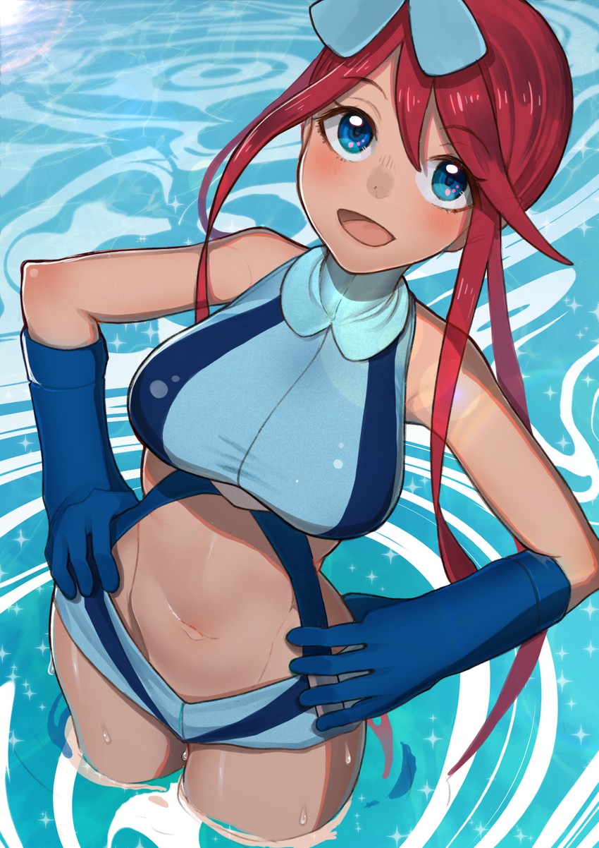 adapted_costume armpits big_breasts bikini bikini_shorts blue_bikini blue_eyes blue_gloves breasts caustics clothing cowboy_shot crop_top dark-skinned_female day elbow_gloves from_above gatchan gloves groin hair_between_eyes hair_ornament halterneck hands_on_hips happy hip_focus large_breasts lens_flare long_hair looking_up navel ocean pokemon pokemon_bw red_hair shorts skyla_(pokemon) smile suspenders thighs tight_bikini tight_clothing water wet wide_hips