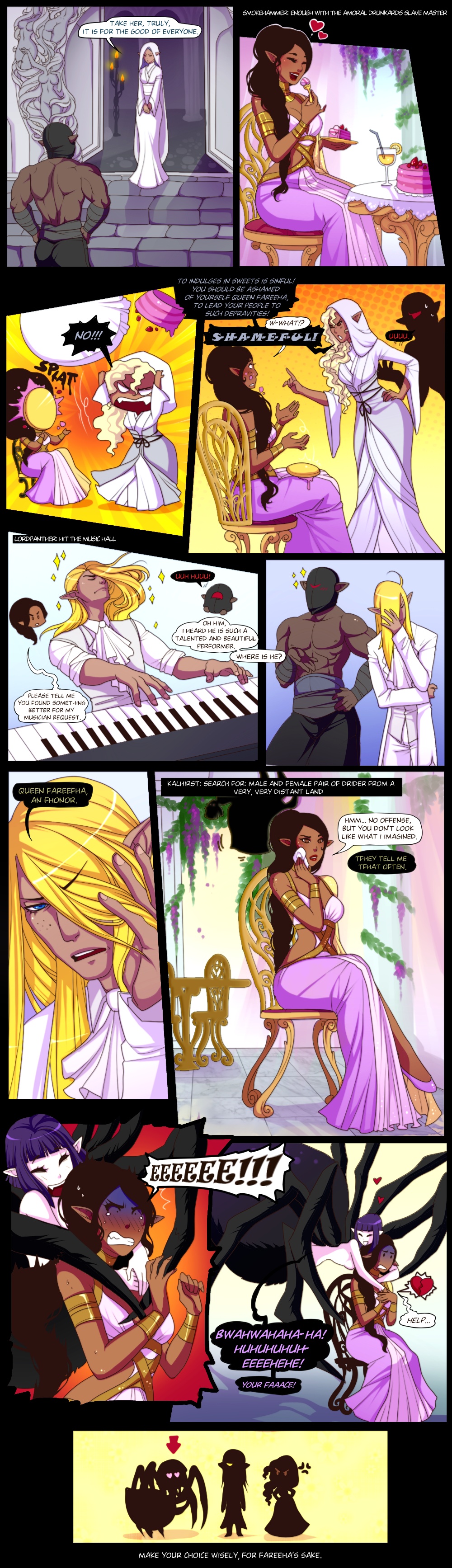 2boys 3girls arabian_clothes arachnid blonde_hair comic comic_page cute dark-skinned_female dark-skinned_male dark_elf dark_hair elf harem light-skinned_female long_hair lunareth masked_male monster_girl muscular_male musical_instrument original original_character piano pointy_ears priestess purple_hair royalty shirtless_male