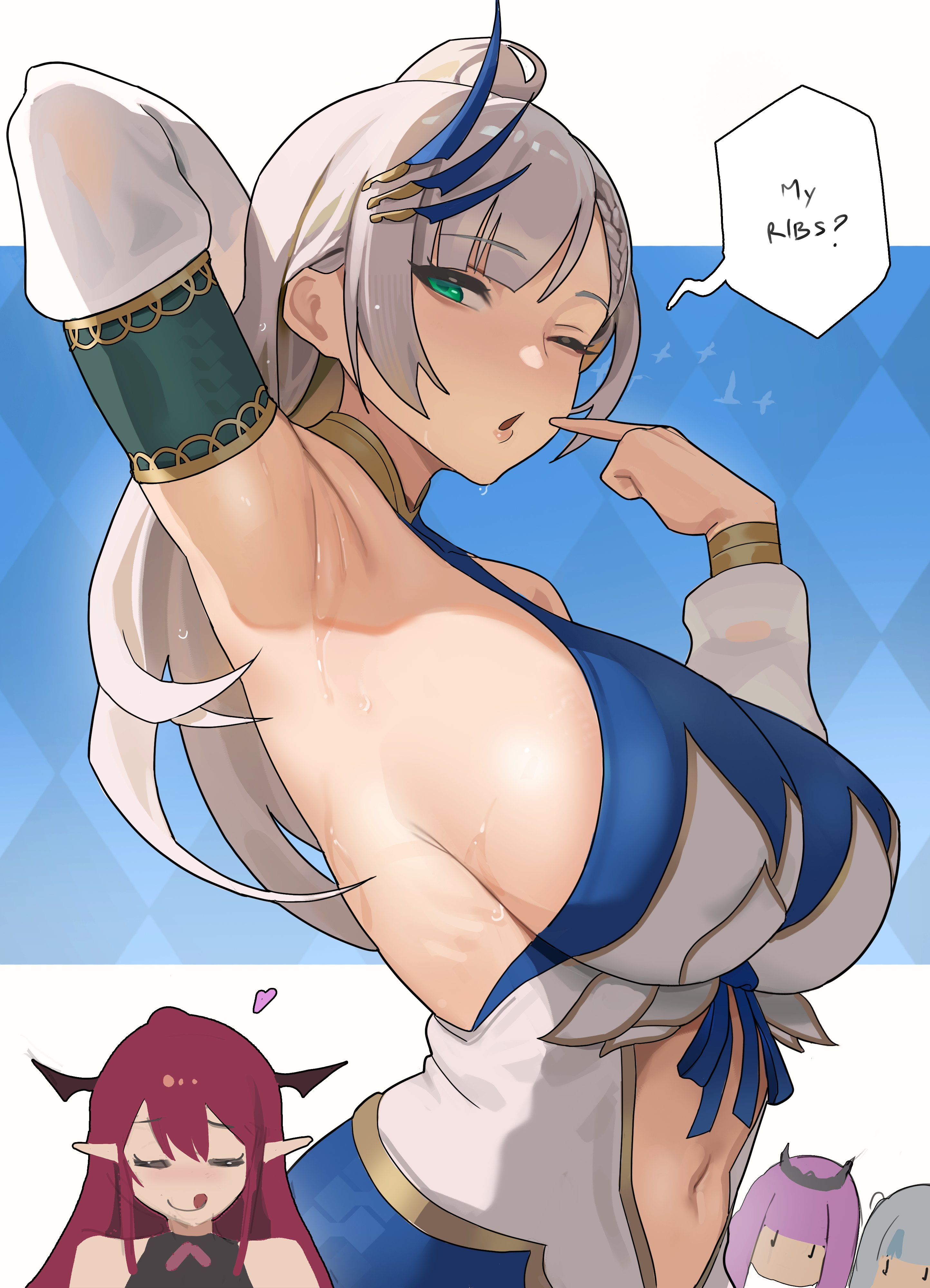 4girls, armpits, breasts, female, gawr gura, hololive, hololive english, hololive english -promise-, hololive indonesia, hololive indonesia holoro, hololive myth, huge breasts, irys, irys (hololive), mori calliope, multiple females, multiple girls, pavolia reine, sideboob, sweat, sweatdrop, sweating, virtual youtuber