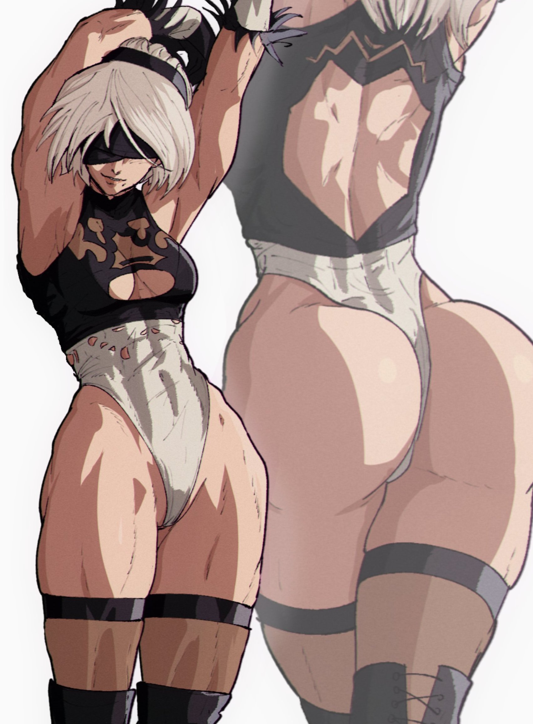 1girls, ass, big ass, big butt, blindfold, cameltoe, female, female focus, female only, huge ass, large ass, lips, muscular, muscular female, nier, nier (series), nier: automata, pussy, solo, stretching, sword, white background, white hair, yoracrab, yorha 2b