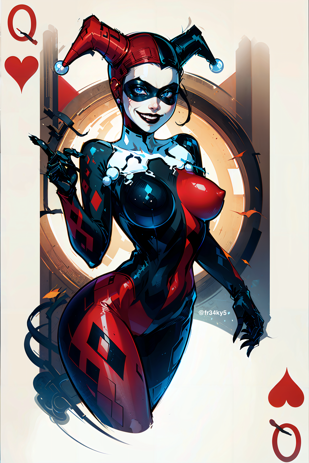 1girls, ai generated, ass, batman (series), big ass, big breasts, blue eyes, bodysuit, breasts, curvaceous, curvy, curvy figure, dc, dc comics, digital media (artwork), erect nipples under clothes, eyebrows, eyelashes, eyes, female, female only, fit, fit female, fr34ky, harley quinn, harley quinn (classic), hips, hourglass figure, lips, pokies, slim waist, solo, villain, villainess, wide hips