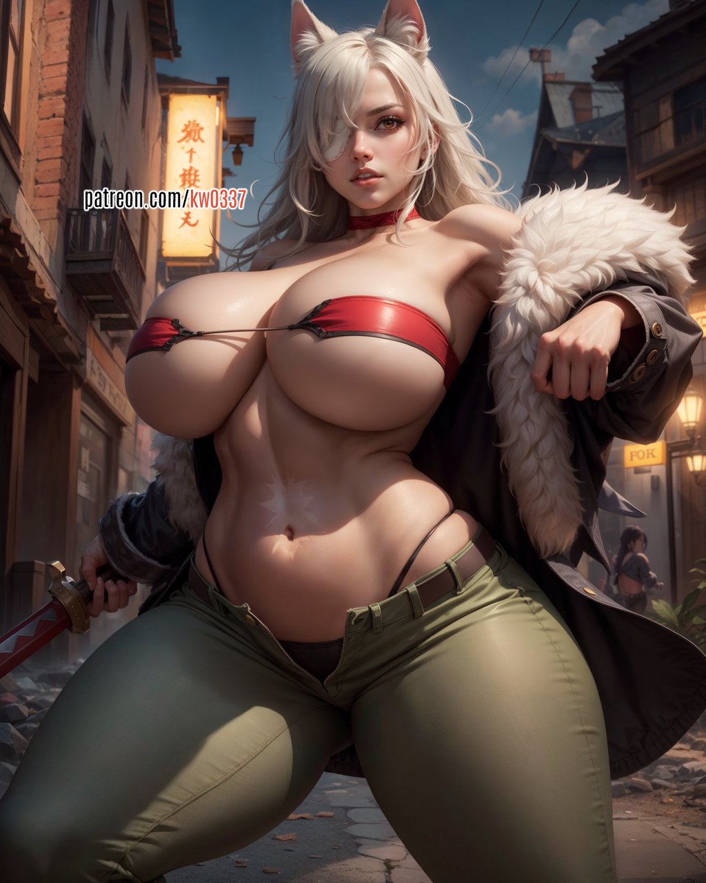 ai generated, alternate skin color, big breasts, breasts, eyepatch, female, ghislaine dedoldia, kw0337, mushoku tensei