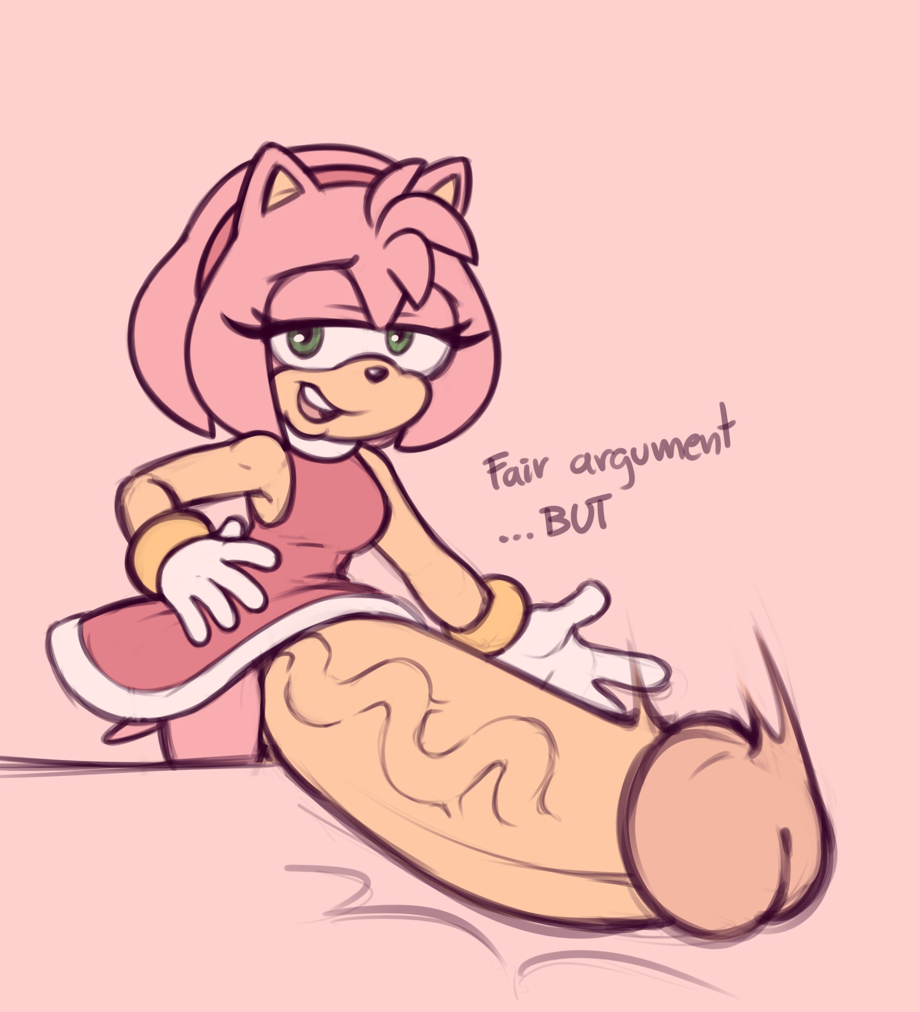 amy rose, anthro, bracelet, dialogue, dress, fair argument but..., futa only, futanari, gloves, green eyes, hedgehog, huge cock, hyper, hyper penis, intersex, meme, penis, penis focus, penis on table, pink fur, sega, smug, solo, solo futa, sonic (series), stunnerpony, table