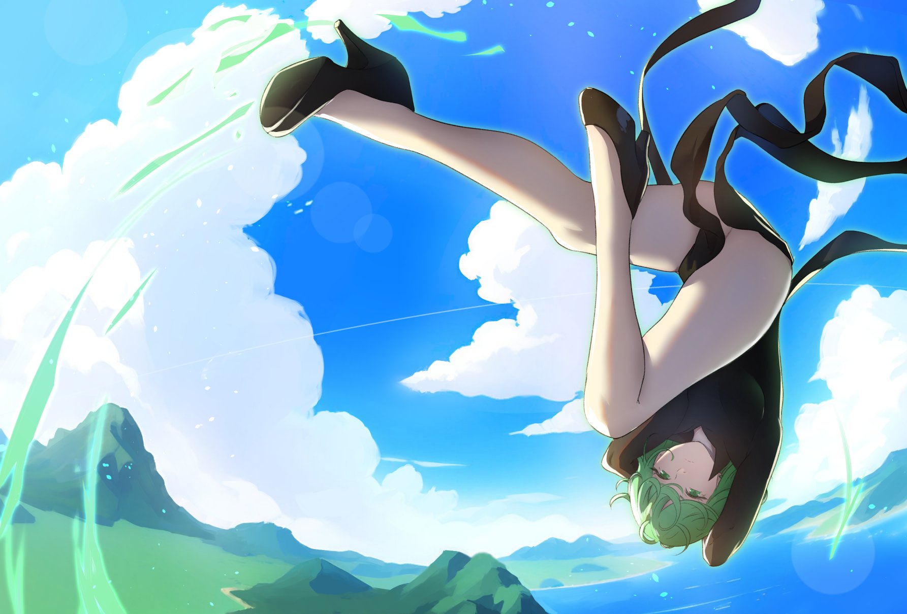 1girls, arms up, ass, aura, bare legs, big ass, black dress, breasts, closed mouth, cloud, cloudy sky, curly hair, dress, english commentary, female, female only, floating, full body, green eyes, green hair, high heels, highres, legs, levitation, looking at viewer, no panties, one-punch man, outdoors, pelvic curtain, petite, pomelomelon, psychic, pussy, pussy peek, short hair, side slit, sky, small breasts, solo, tatsumaki, telekinesis, thighs, upside-down