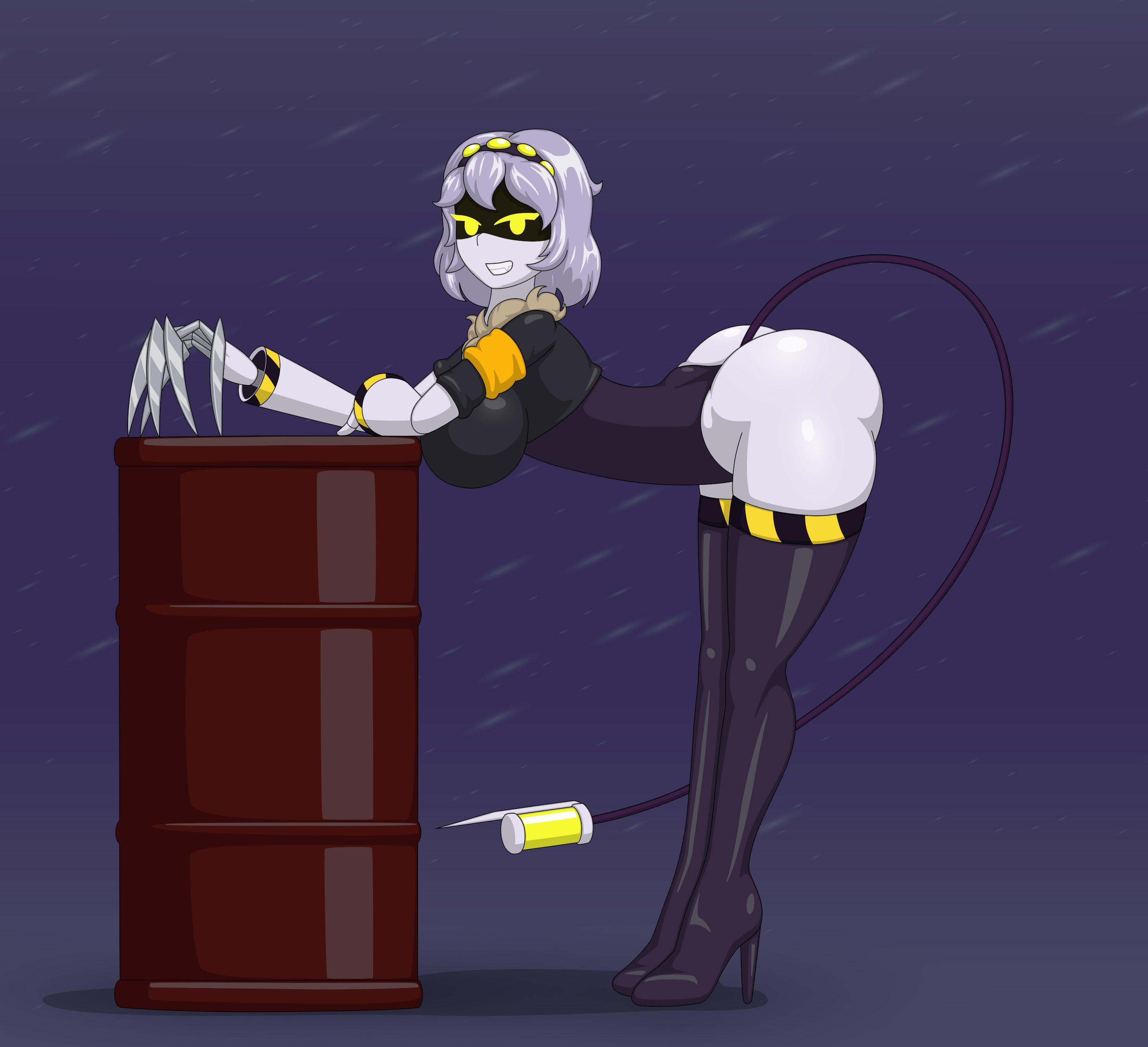 1girls, 2d, ass, ass focus, boots, breasts, doxbox13, female, female only, glitch productions, high heel boots, high heels, humanoid, murder drones, robot, robot girl, robot humanoid, screen face, snow, solo, tail, thigh boots, v (murder drones)