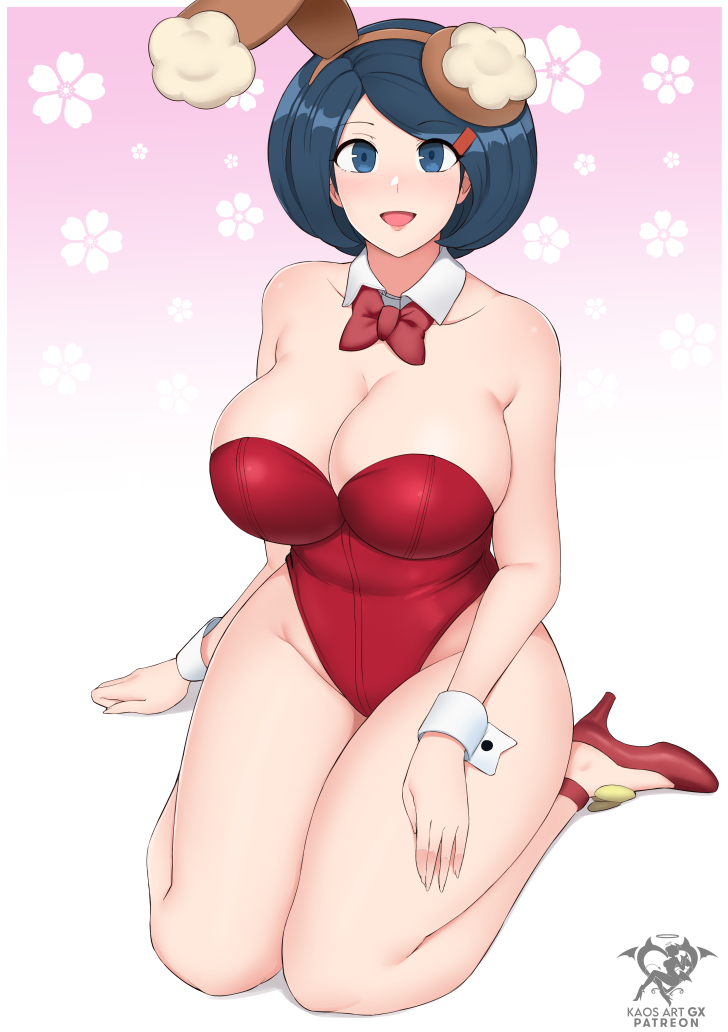 1girls, artist name, bare shoulders, big breasts, blue eyes, blue hair, blush, bow, bowtie, breasts, bunny ears, cleavage, collarbone, female, female focus, female only, gradient background, hair ornament, hairclip, hand on thigh, high heels, johanna (pokemon), kaos art, leotard, mature female, milf, nintendo, pokemon, red bow, red bowtie, red footwear, red leotard, seiza, sitting, smile, solo, thick thighs, thighs, tight clothing, wide hips, wrist cuffs
