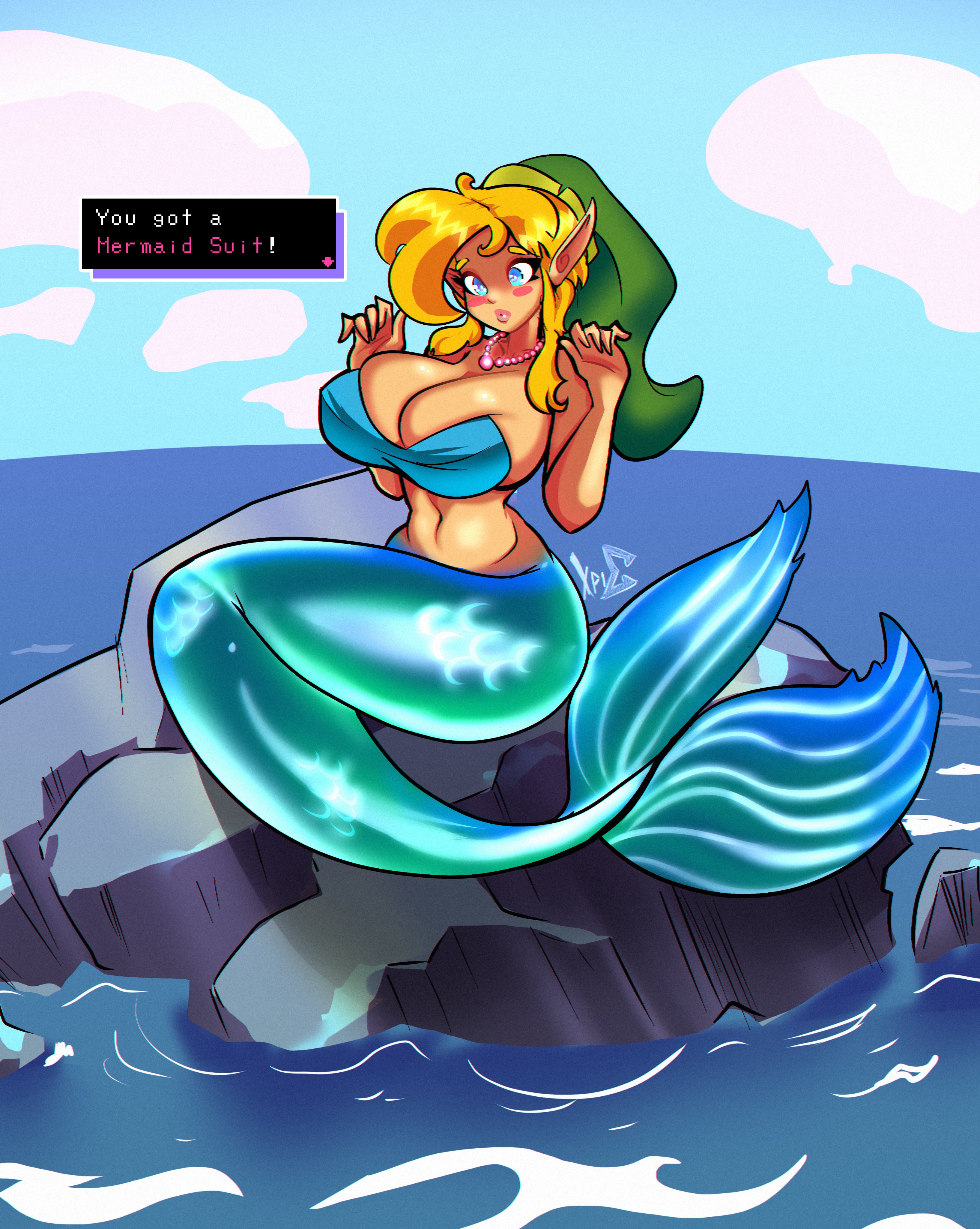 blue tail, breasts, female, genderswap, genderswap (mtf), huge breasts, jpeg, link, merfolk, mermaid, mermaid link, mermaid suit, mermaid tail, midriff, multicolored tail, navel, oracle of ages, rule 63, signature, the legend of zelda, xpisigma