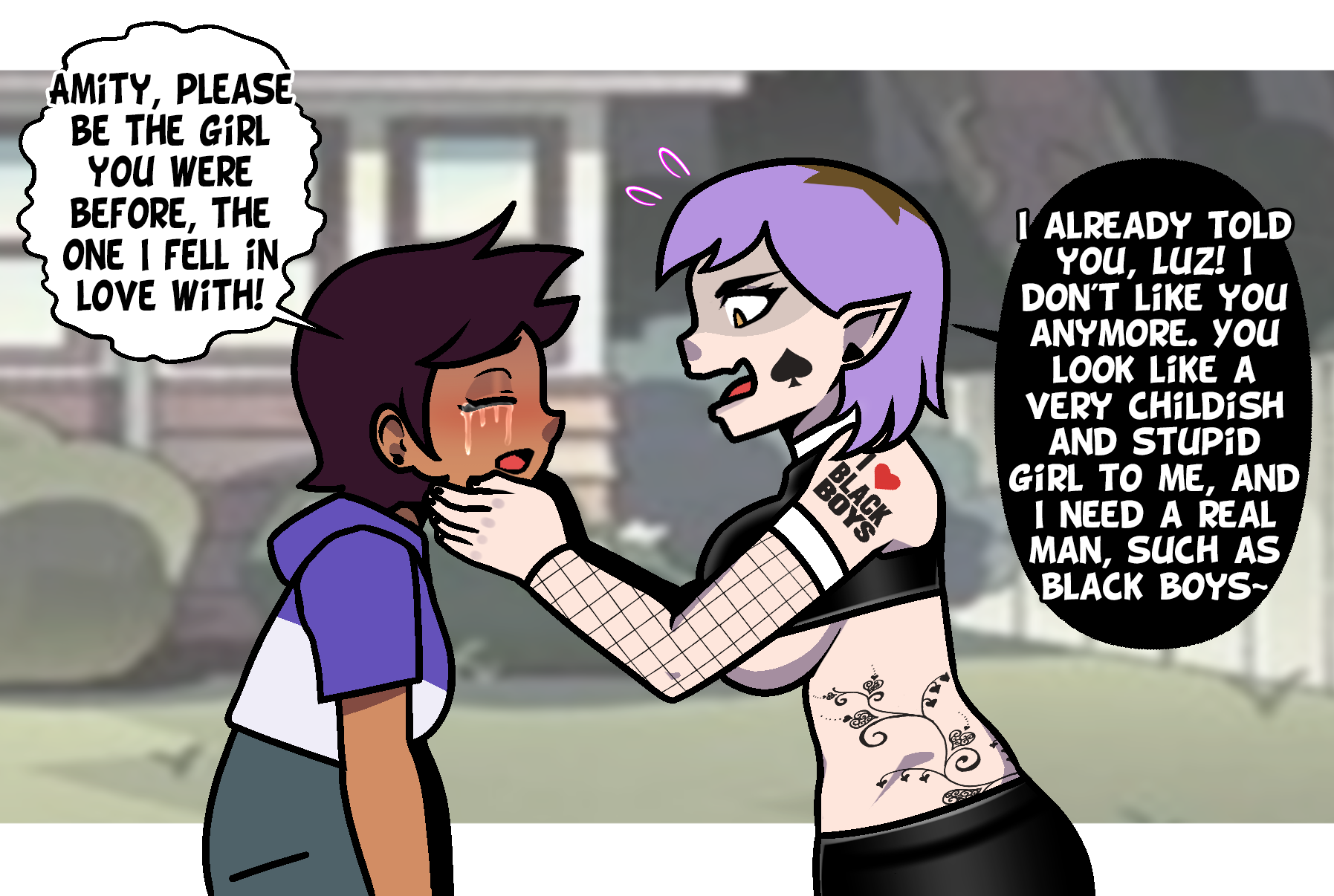2girls, amity blight, ass, big breasts, black hair, breasts, clothing, couple, cry, crying, cuck, cuckquean, dark skin, dark-skinned female, disney, english, english text, female, female only, huge breasts, humiliated, humiliation, luz noceda, mean, multiple females, multiple girls, netorare, orientation play, purple hair, qos, queen of spade symbol, queen of spade tattoo, queen of spades, queen of spades symbol, sad, saddle, shoulder tattoo, spade tattoo, steca, talking, tattoo, tattoos, text, the owl house, thelazyart, thick, thick ass, thick legs, thighs