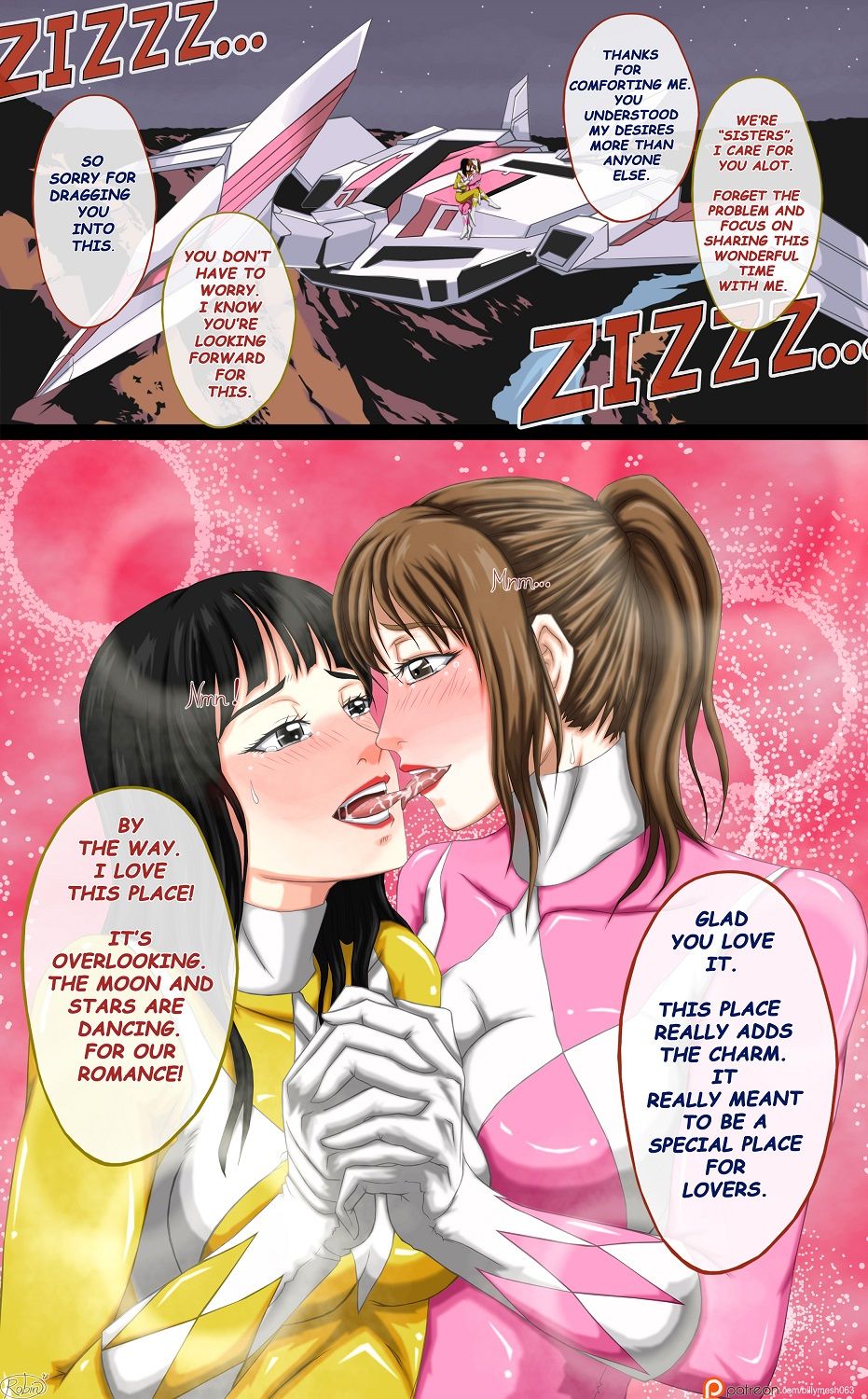 2girls billymesh063 black_eyes black_hair blush brown_eyes brown_hair comic dialogue hand_holding interlocked_fingers kimberly_hart kissing multiple_girls pink_ranger power_rangers saliva speech_bubble tears_of_pleasure text tongue trini_kwan yellow_ranger yuri