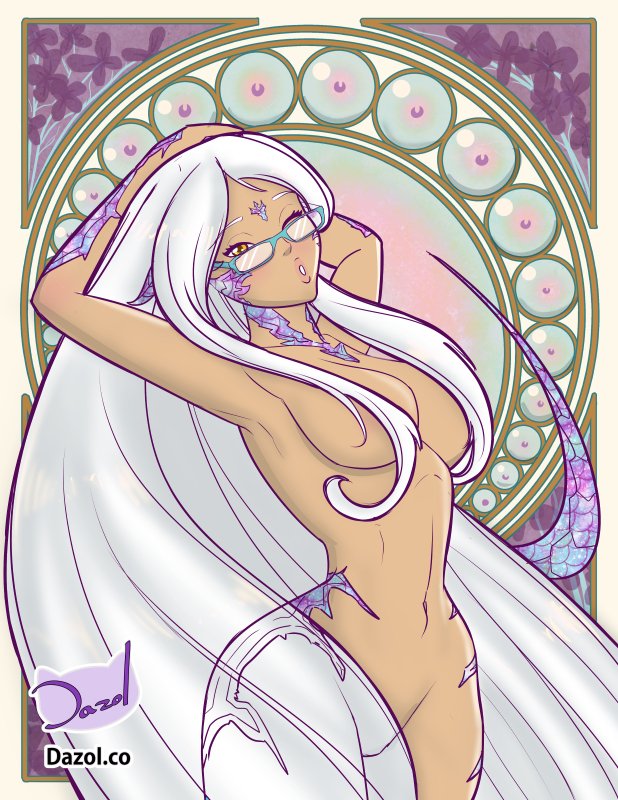 art_nouveau au_ra crystal_tail dazol final_fantasy_xiv frame glasses large_breasts light-skinned_female light_skin tagme very_long_hair white_hair