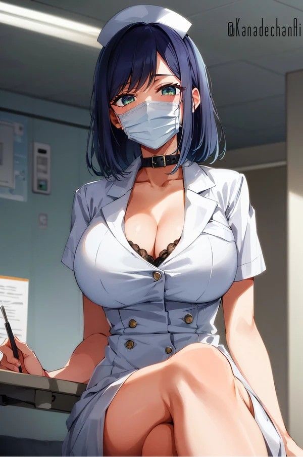 ai_generated bare_legs blue_eyes blue_hair blush buttons cleavage collar crossed_legs curvy curvy_figure doctors_office hourglass_figure huge_breasts kurokawa_akane large_breasts lingerie lingerie_under_clothes mask nurse nurse_cap nurse_uniform oshi_no_ko round_breasts short_hair slim_waist surgical_mask tagme