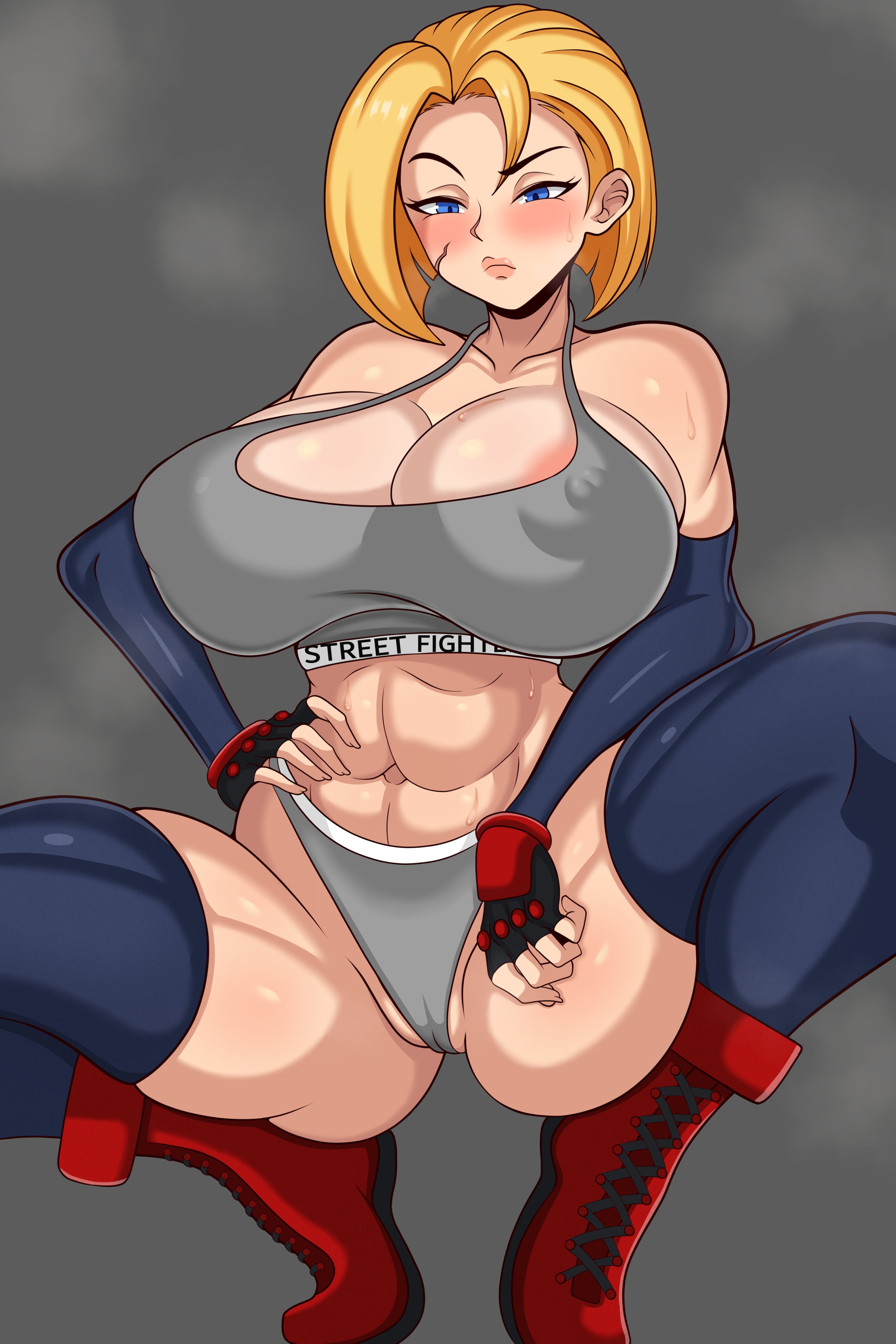 1girls, abs, areola slip, areolae, armwear, ass, big breasts, blonde hair, blue eyes, blush, bob cut, boots, bottomwear, breasts, cammy white, capcom, cleavage, erect nipples, erect nipples under clothes, female, female only, fingerless gloves, footwear, hair, hand on hip, highleg, hips, huge breasts, large breasts, legs open, legwear, lips, looking at viewer, muscular, muscular female, nipple bulge, nipples, raised eyebrow, solo, solo female, sports bra, sports uniform, sportswear, squatting, steam, steamy breath, street fighter, street fighter 6, sweat, sweatdrop, thick lips, thick thighs, thighhighs, thighs, topwear, unholydraws, unimpressed, wide hips