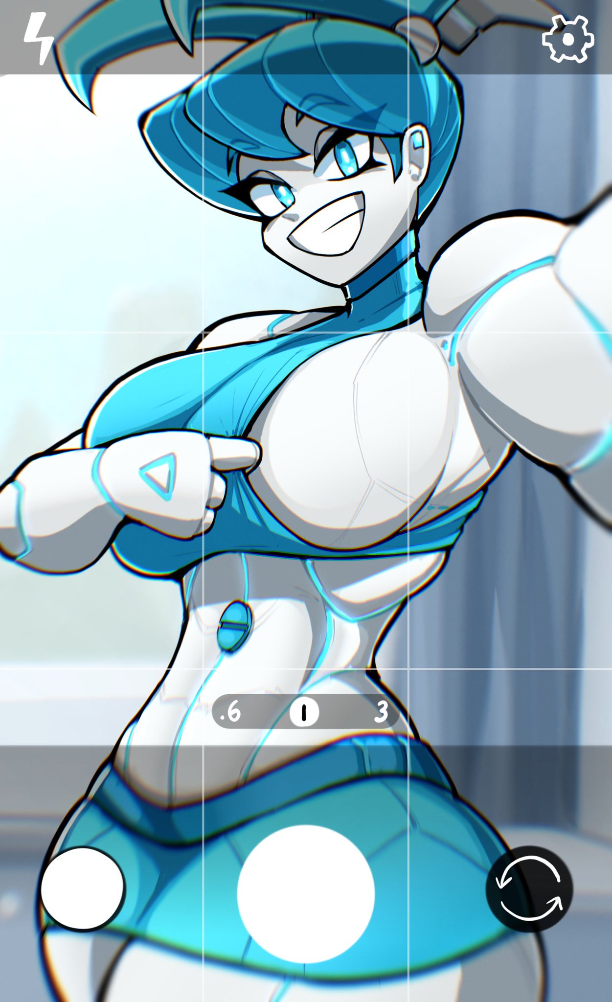 1girls, big breasts, breasts, female, female only, jenny wakeman, looking at viewer, midriff, my life as a teenage robot, removing bra, robot girl, selfie, sideboob, smiling, teeth, xj-9, zzzhodazzz