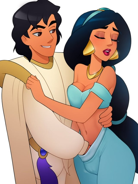 aladdin aladdin_(1992_disney_film) aladdin_(character) arabian_female bare_midriff black_hair canon_couple disney disney_prince disney_princess earrings fingering fingering_partner fingering_under_clothes husband_and_wife long_hair loodncrood male midriff princess princess_jasmine royalty smug