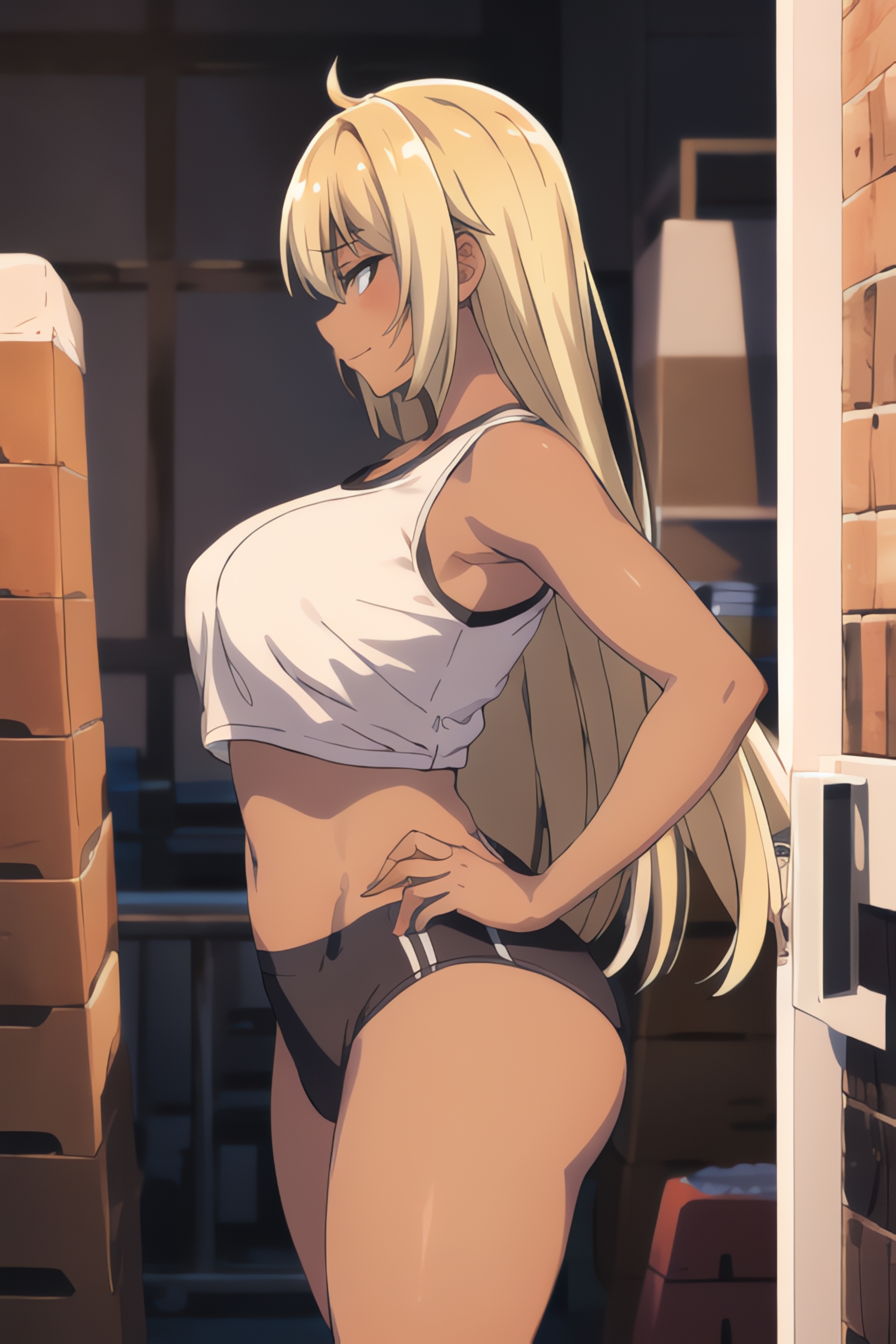 1girls, ai generated, bertrand (kamikatsu), big breasts, blonde hair, breasts, dark skin, dark-skinned female, female, gym uniform, kaminaki sekai no kamisama katsudou, rule 63, solo, white shirt
