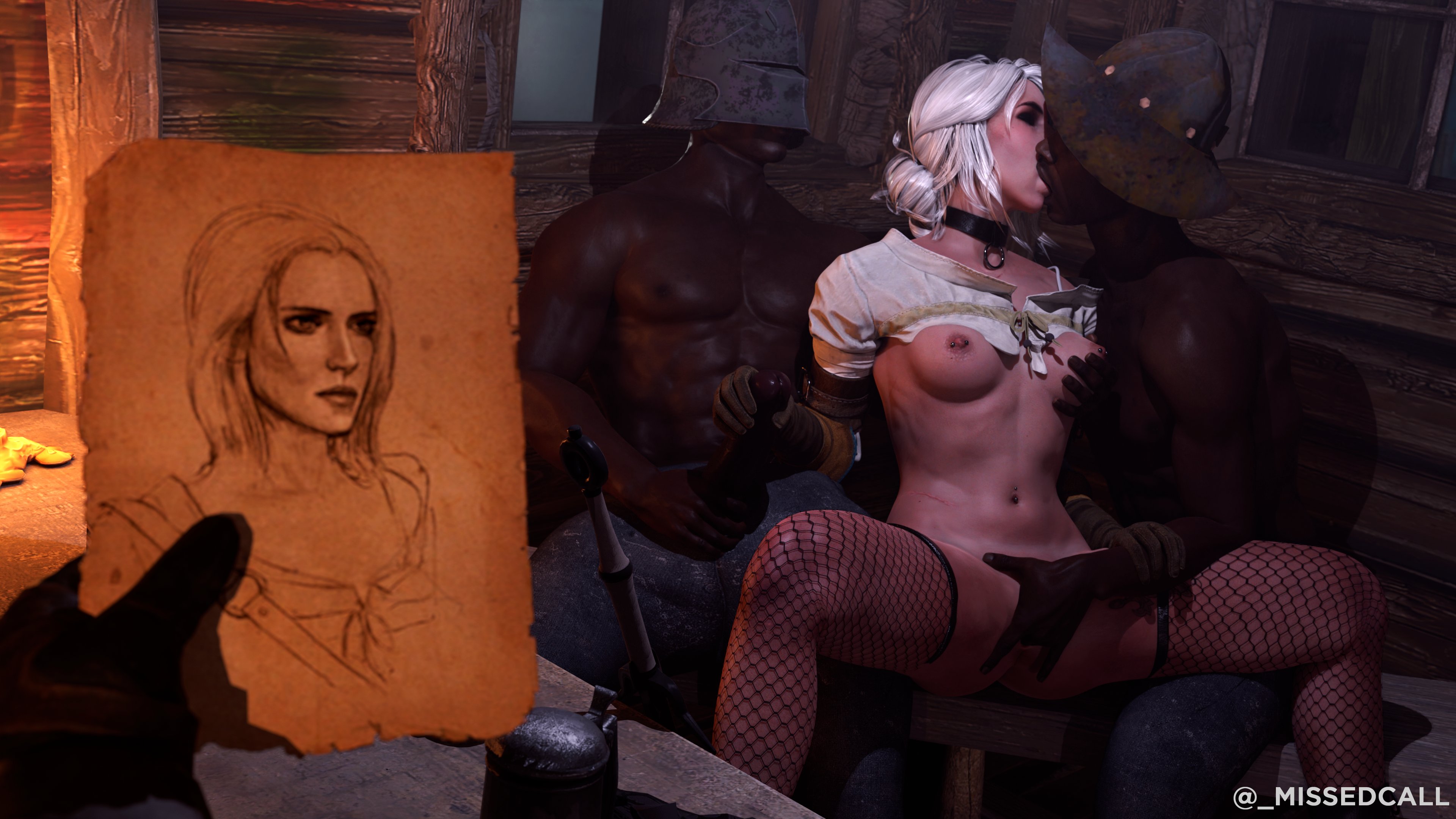1girls, 3boys, 3d, big penis, brown gloves, cd projekt red, ciri, dark skin, dark-skinned male, female, fingering, gloved handjob, gloves, hand on penis, handjob, handjob with gloves, holding penis, interracial, kissing, male, missed call, penis, pov, the witcher (series), the witcher 3: wild hunt, threesome, touching penis